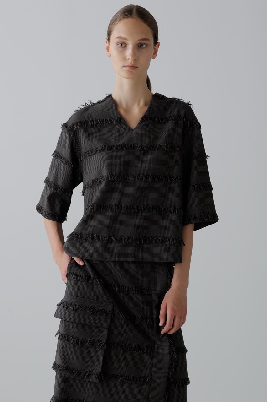 【アドーア/ADORE】のフリンジチェックブラウス 人気、トレンドファッション・服の通販 founy(ファニー) 　ファッション　Fashion　レディースファッション　Fashion for Women　トップス・カットソー　Cut & Sew Tops　シャツ・ブラウス・オフィスカジュアル　Elegant Blouses & Button-Ups　ショート　Short, Short Length　ジャカード／ジャガード　Jacquard, Woven Pattern　スリット　Slit, Slit Detail　スリーブ　Sleeve, Long Sleeve / Short Sleeve　セットアップ　Set-Up, Coordinated Outfit　チェック　Check, Plaid, Tartan　フリンジ　Fringe, Tassel　ボーダー　Border, Stripe　other-2|ID: prp329100004630142 ipo3291000000035354141