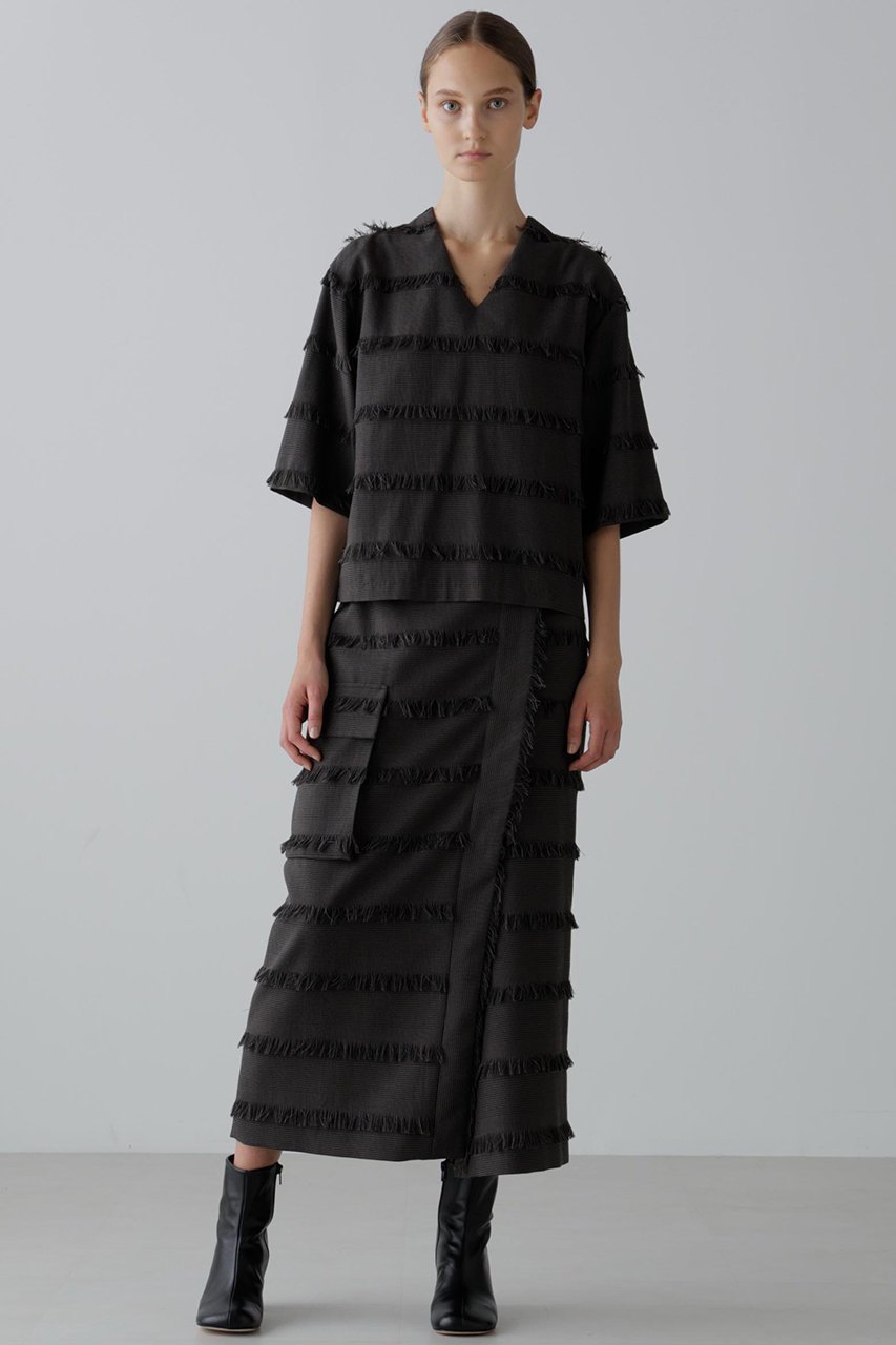 【アドーア/ADORE】のフリンジチェックブラウス 人気、トレンドファッション・服の通販 founy(ファニー) 　ファッション　Fashion　レディースファッション　Fashion for Women　トップス・カットソー　Cut & Sew Tops　シャツ・ブラウス・オフィスカジュアル　Elegant Blouses & Button-Ups　ショート　Short, Short Length　ジャカード／ジャガード　Jacquard, Woven Pattern　スリット　Slit, Slit Detail　スリーブ　Sleeve, Long Sleeve / Short Sleeve　セットアップ　Set-Up, Coordinated Outfit　チェック　Check, Plaid, Tartan　フリンジ　Fringe, Tassel　ボーダー　Border, Stripe　other-3|ID: prp329100004630142 ipo3291000000035354142