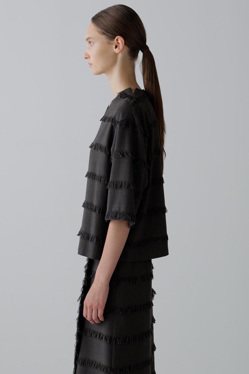 【アドーア/ADORE】のフリンジチェックブラウス 人気、トレンドファッション・服の通販 founy(ファニー) 　ファッション　Fashion　レディースファッション　Fashion for Women　トップス・カットソー　Cut & Sew Tops　シャツ・ブラウス・オフィスカジュアル　Elegant Blouses & Button-Ups　ショート　Short, Short Length　ジャカード／ジャガード　Jacquard, Woven Pattern　スリット　Slit, Slit Detail　スリーブ　Sleeve, Long Sleeve / Short Sleeve　セットアップ　Set-Up, Coordinated Outfit　チェック　Check, Plaid, Tartan　フリンジ　Fringe, Tassel　ボーダー　Border, Stripe　other-4|ID: prp329100004630142 ipo3291000000035354143