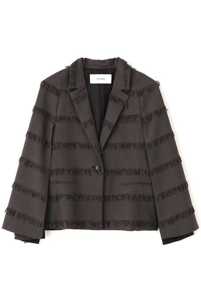 【アドーア/ADORE】のフリンジチェックジャケット インテリア・キッズ・メンズ・レディースファッション・服の通販 founy(ファニー) https://founy.com/ ファッション Fashion レディースファッション Fashion for Women アウター Coat / Outerwear Collection レディースジャケット・軽アウター Jackets おすすめ Recommended / Our Picks ジャカード／ジャガード Jacquard, Woven Pattern ジャケット Jacket, Outerwear スリーブ Sleeve, Long Sleeve / Short Sleeve セットアップ Set-Up, Coordinated Outfit チェック Check, Plaid, Tartan フリンジ Fringe, Tassel フレア Flare, Flared ボーダー Border, Stripe |ID: prp329100004630165 ipo3291000000033299724