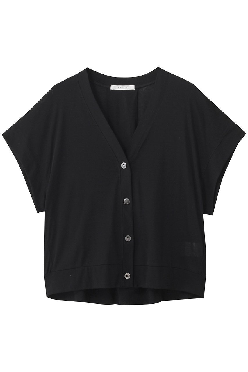 【プレインピープル/PLAIN PEOPLE】のガス強撚フライス半袖カーディガン インテリア・キッズ・メンズ・レディースファッション・服の通販 founy(ファニー) 　ファッション　Fashion　レディースファッション　Fashion for Women　トップス・カットソー　Cut & Sew Tops　カーディガン・羽織り　Layered Style Cardigans　シャツ・ブラウス・オフィスカジュアル　Elegant Blouses & Button-Ups　ロングTシャツ・Tシャツ　Longline T-Shirts & Tees　カットソー・ベーシックTシャツ　Cut-and-Sewn Tops / Stretch Tees & Basics　カーディガン　Cardigan, Knitwear　デコルテ　Décolleté, Neckline　エレガント 上品　Elegant　再入荷　Restock / Back in Stock　半袖　Short Sleeve, Half Sleeve　ブラック|ID: prp329100004631603 ipo3291000000035651550