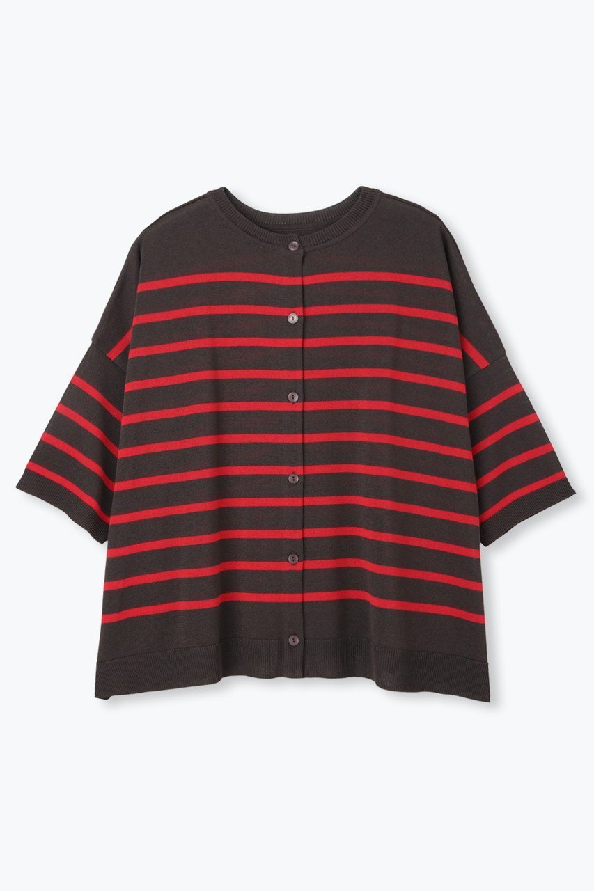 【レリル/lelill】のワイドボーダーカーデ6分袖 インテリア・キッズ・メンズ・レディースファッション・服の通販 founy(ファニー) 　ファッション　Fashion　レディースファッション　Fashion for Women　トップス・カットソー　Cut & Sew Tops　カーディガン・羽織り　Layered Style Cardigans　シャツ・ブラウス・オフィスカジュアル　Elegant Blouses & Button-Ups　ロングTシャツ・Tシャツ　Longline T-Shirts & Tees　カットソー・ベーシックTシャツ　Cut-and-Sewn Tops / Stretch Tees & Basics　アクセサリー　Fashion Accessories　カーディガン　Cardigan, Knitwear　フロント　Front, Front Design　ワイド　Wide, Wide Fit　再入荷　Restock / Back in Stock　ブラウン×レッド|ID: prp329100004631604 ipo3291000000033328125