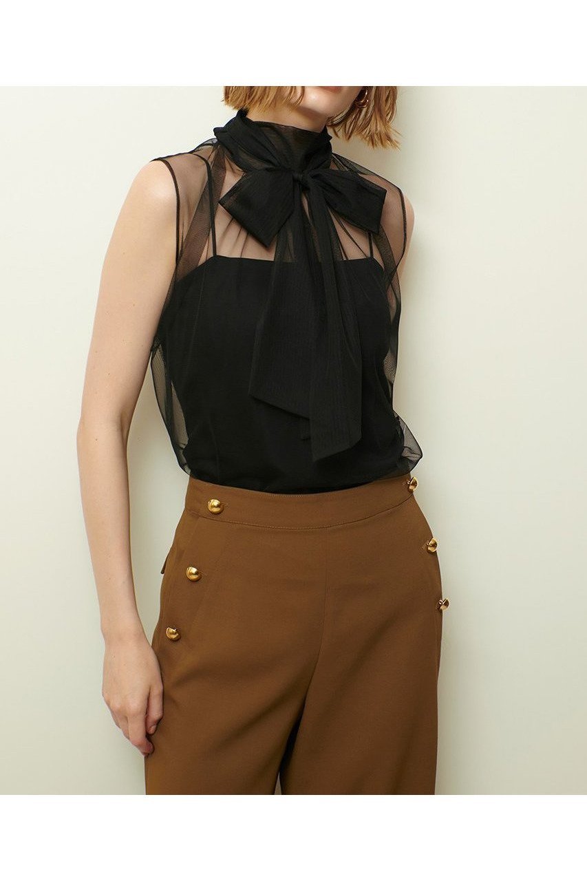 【アルアバイル/allureville】のシアーチュールボウプルオーバー インテリア・キッズ・メンズ・レディースファッション・服の通販 founy(ファニー) 　ファッション　Fashion　レディースファッション　Fashion for Women　トップス・カットソー　Cut & Sew Tops　キャミソール&ノースリーブ　Camisoles & Sleeveless Tops　シャツ・ブラウス・オフィスカジュアル　Elegant Blouses & Button-Ups　カジュアルプルオーバー・ニットトップス　Pullovers & Knit Tops / Casual Pullovers　2025年　2025　2025-2026秋冬・A/W　Autumn/Winter 2025–26 AW25–26　おすすめ　Recommended / Our Picks　インナー　Innerwear　カットソー　Cut and Sewn Top　キャミソール　Camisole, Spaghetti Strap Top　シアー　Sheer, See-Through　シンプル　Simple, Minimal　ジャケット　Jacket, Outerwear　チュール　Tulip, Tulip Motif　ノースリーブ　Sleeveless, No-Sleeve　再入荷　Restock / Back in Stock　A/W・秋冬　Autumn/Winter　ブラック|ID: prp329100004631638 ipo3291000000033328594
