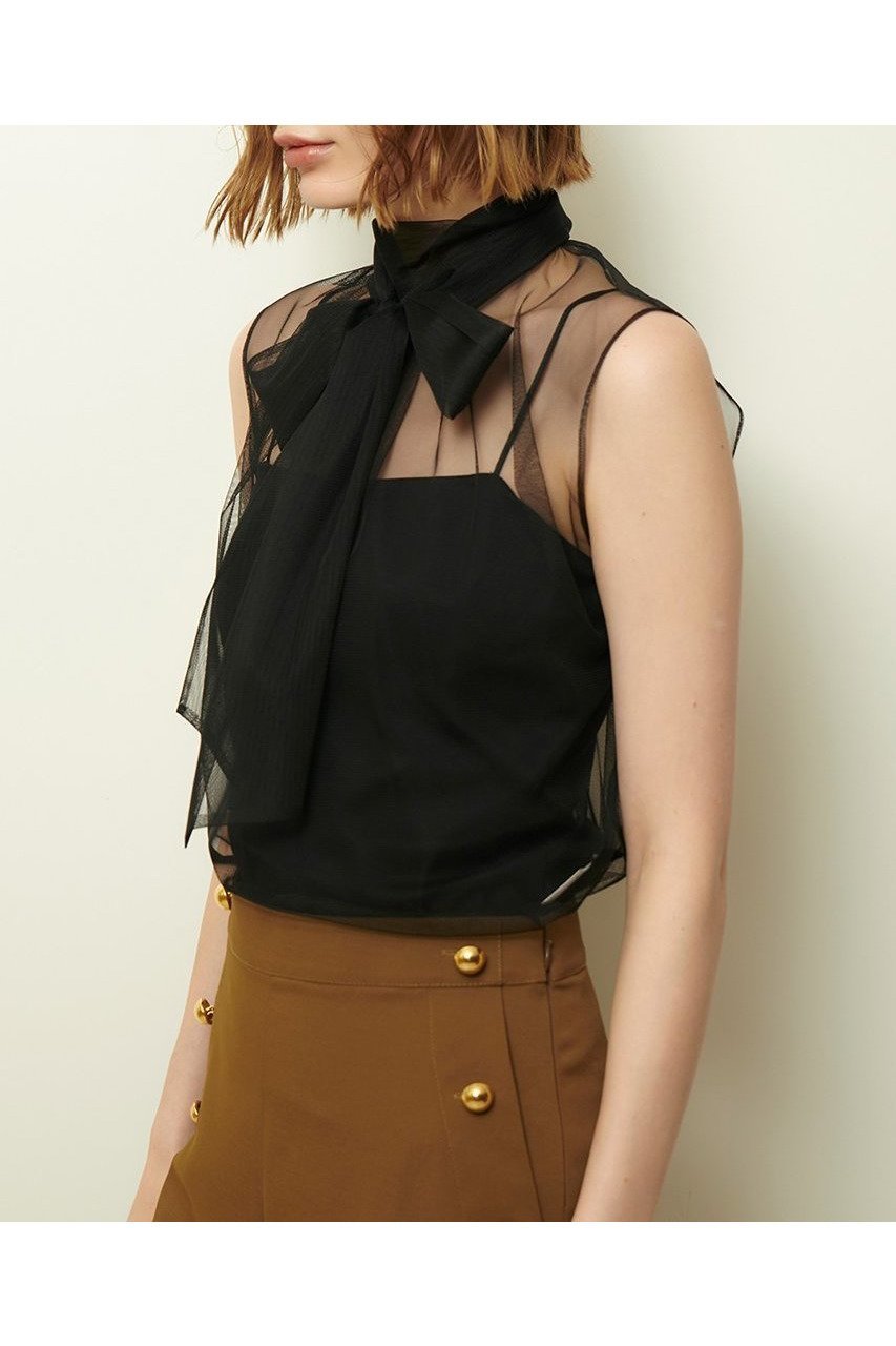 【アルアバイル/allureville】のシアーチュールボウプルオーバー 人気、トレンドファッション・服の通販 founy(ファニー) 　ファッション　Fashion　レディースファッション　Fashion for Women　トップス・カットソー　Cut & Sew Tops　キャミソール&ノースリーブ　Camisoles & Sleeveless Tops　シャツ・ブラウス・オフィスカジュアル　Elegant Blouses & Button-Ups　カジュアルプルオーバー・ニットトップス　Pullovers & Knit Tops / Casual Pullovers　2025年　2025　2025-2026秋冬・A/W　Autumn/Winter 2025–26 AW25–26　おすすめ　Recommended / Our Picks　インナー　Innerwear　カットソー　Cut and Sewn Top　キャミソール　Camisole, Spaghetti Strap Top　シアー　Sheer, See-Through　シンプル　Simple, Minimal　ジャケット　Jacket, Outerwear　チュール　Tulip, Tulip Motif　ノースリーブ　Sleeveless, No-Sleeve　再入荷　Restock / Back in Stock　A/W・秋冬　Autumn/Winter　other-3|ID: prp329100004631638 ipo3291000000033328596