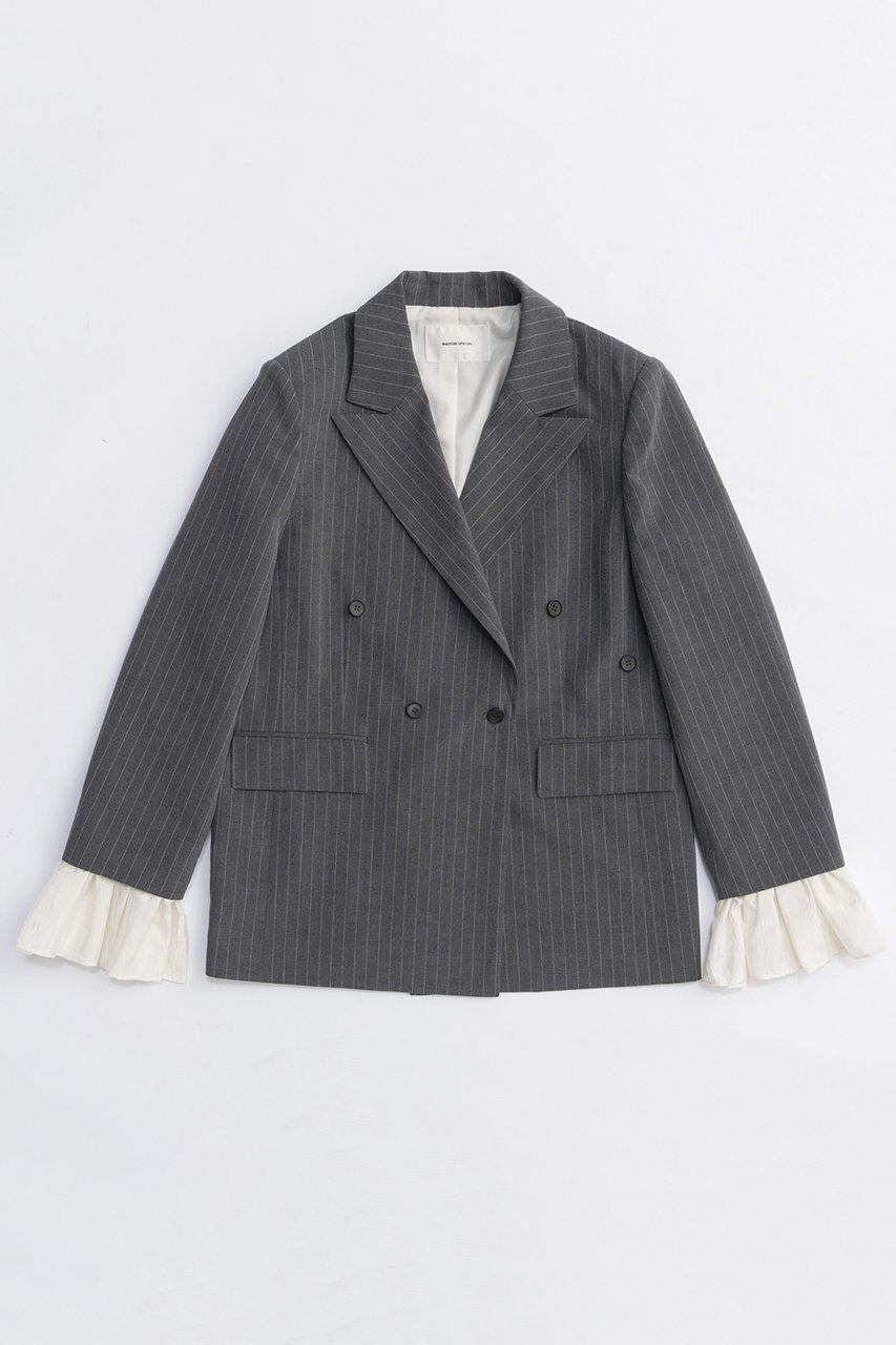 【メゾンスペシャル/MAISON SPECIAL】のRuffle Sleeves Jacket/フリルスリーブジャケット インテリア・キッズ・メンズ・レディースファッション・服の通販 founy(ファニー) 　ファッション　Fashion　レディースファッション　Fashion for Women　アウター　Coat / Outerwear Collection　レディースジャケット・軽アウター　Jackets　ジャケット　Jacket, Outerwear　ストライプ　Stripe, Striped Pattern　スラックス　Slacks, Dress Pants　スリーブ　Sleeve, Long Sleeve / Short Sleeve　セットアップ　Set-Up, Coordinated Outfit　ダウン　Down, Puffer　チェック　Check, Plaid, Tartan　チェーン　Chain, Chain Strap　フリル　Frill, Ruffle　フレア　Flare, Flared　フロント　Front, Front Design　ベーシック　Basic, Essential　ミックス　Mix, Mixed Style　A/W・秋冬　Autumn/Winter　おすすめ　Recommended / Our Picks　エレガント 上品　Elegant　2025年　2025　2025-2026秋冬・A/W　Autumn/Winter 2025–26 AW25–26　GRY(グレー)|ID: prp329100004631642 ipo3291000000033328652