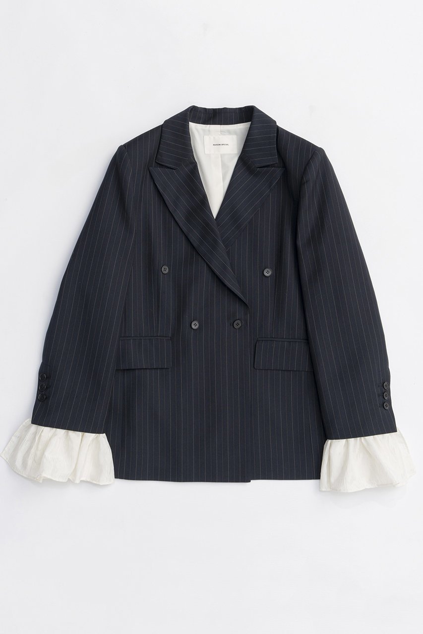 【メゾンスペシャル/MAISON SPECIAL】のRuffle Sleeves Jacket/フリルスリーブジャケット インテリア・キッズ・メンズ・レディースファッション・服の通販 founy(ファニー) 　ファッション　Fashion　レディースファッション　Fashion for Women　アウター　Coat / Outerwear Collection　レディースジャケット・軽アウター　Jackets　ジャケット　Jacket, Outerwear　ストライプ　Stripe, Striped Pattern　スラックス　Slacks, Dress Pants　スリーブ　Sleeve, Long Sleeve / Short Sleeve　セットアップ　Set-Up, Coordinated Outfit　ダウン　Down, Puffer　チェック　Check, Plaid, Tartan　チェーン　Chain, Chain Strap　フリル　Frill, Ruffle　フレア　Flare, Flared　フロント　Front, Front Design　ベーシック　Basic, Essential　ミックス　Mix, Mixed Style　A/W・秋冬　Autumn/Winter　おすすめ　Recommended / Our Picks　エレガント 上品　Elegant　2025年　2025　2025-2026秋冬・A/W　Autumn/Winter 2025–26 AW25–26　NVY(ネイビー)|ID: prp329100004631642 ipo3291000000033328653