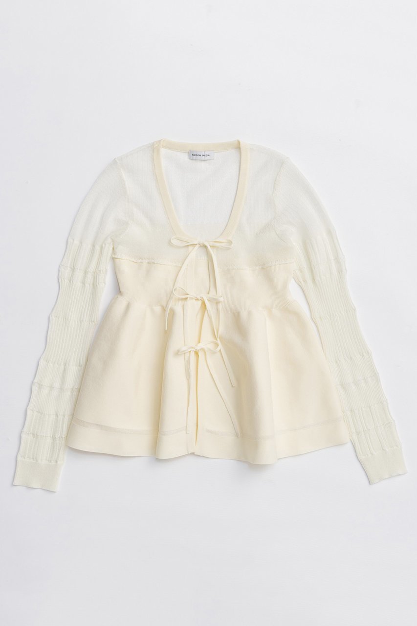 【メゾンスペシャル/MAISON SPECIAL】のSheer Peplum Cardigan/シアーペプラムカーディガン インテリア・キッズ・メンズ・レディースファッション・服の通販 founy(ファニー) 　ファッション　Fashion　レディースファッション　Fashion for Women　トップス・カットソー　Cut & Sew Tops　ニット　Knit Tops & Sweaters　カーディガン・羽織り　Layered Style Cardigans　秋　Autumn　カーディガン　Cardigan, Knitwear　キャミ　Camisole, Cami Top　シアー　Sheer, See-Through　タンク　Tank Top, Sleeveless Top　フレア　Flare, Flared　フロント　Front, Front Design　リボン　Ribbon, Bow　A/W・秋冬　Autumn/Winter　おすすめ　Recommended / Our Picks　2025年　2025　2025-2026秋冬・A/W　Autumn/Winter 2025–26 AW25–26　WHT(ホワイト)|ID: prp329100004631665 ipo3291000000033328949