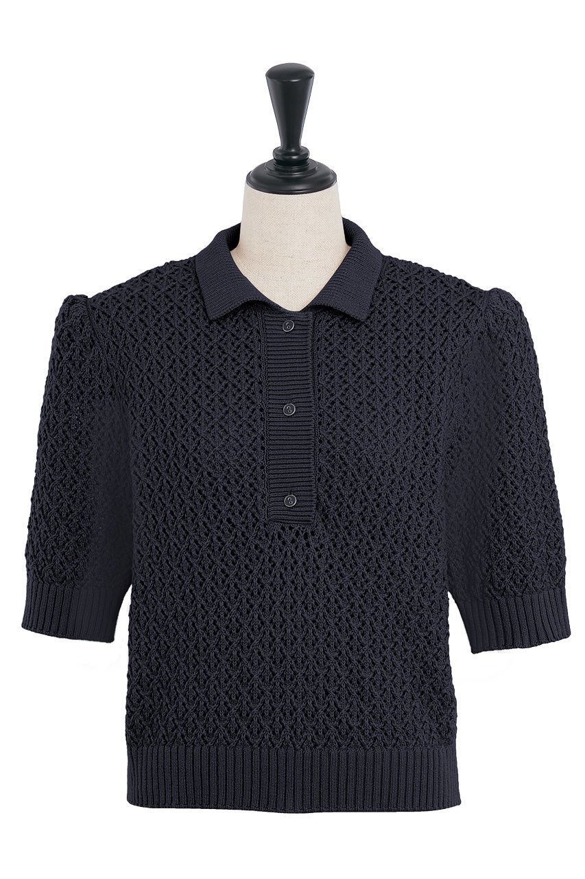 【デイジーリン/DAISY LIN】のKnit polo shirt “Pineapple Puff ” インテリア・キッズ・メンズ・レディースファッション・服の通販 founy(ファニー) 　ファッション　Fashion　レディースファッション　Fashion for Women　トップス・カットソー　Cut & Sew Tops　ニット　Knit Tops & Sweaters　シャツ・ブラウス・オフィスカジュアル　Elegant Blouses & Button-Ups　ポロシャツ・きれいめカジュアル　Smart-Casual Polo Tops　カジュアルプルオーバー・ニットトップス　Pullovers & Knit Tops / Casual Pullovers　インナー　Innerwear　ウォッシャブル　Machine Washable　洗える　Machine Washable　シアー　Sheer, See-Through　手編み　Hand-Knitted, Handmade Knit　フレアースカート　Flared Skirt, A-Line Skirt　ポロシャツ　Polo Shirt, Collared Tee　ワイド　Wide, Wide Fit　エレガント 上品　Elegant　新作・新入荷　New Arrivals / New In　ミッドナイトブルー|ID: prp329100004631710 ipo3291000000033330090