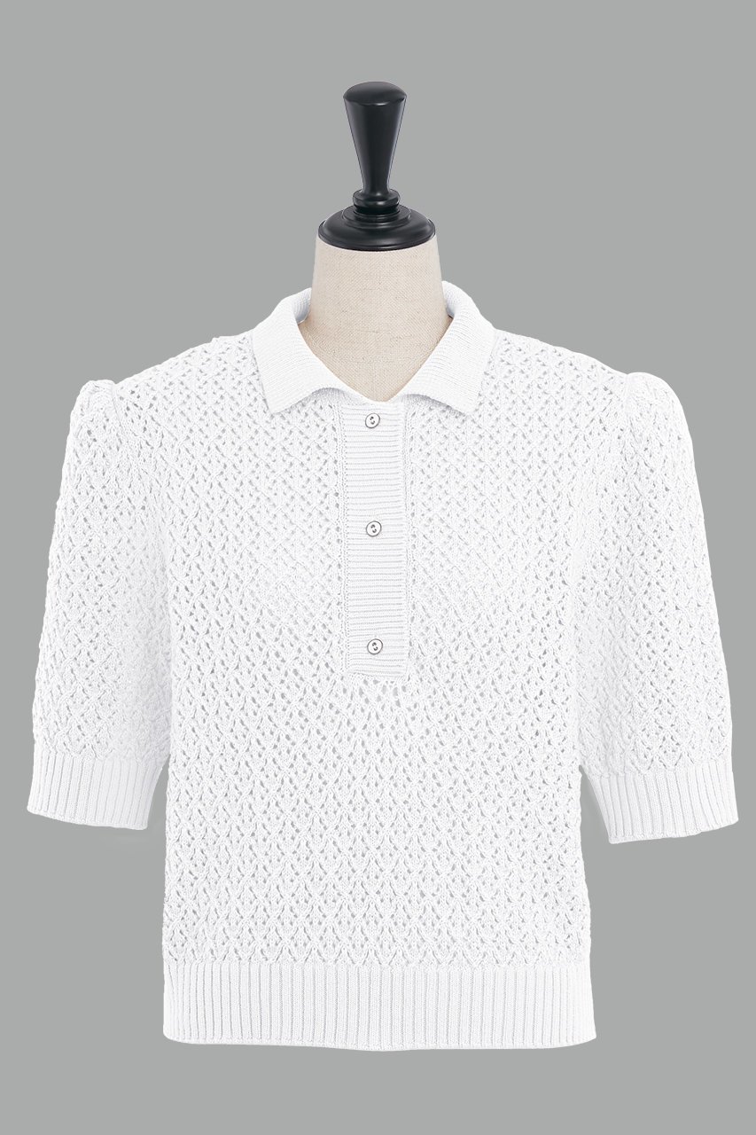 【デイジーリン/DAISY LIN】のKnit polo shirt “Pineapple Puff ” インテリア・キッズ・メンズ・レディースファッション・服の通販 founy(ファニー) 　ファッション　Fashion　レディースファッション　Fashion for Women　トップス・カットソー　Cut & Sew Tops　ニット　Knit Tops & Sweaters　シャツ・ブラウス・オフィスカジュアル　Elegant Blouses & Button-Ups　ポロシャツ・きれいめカジュアル　Smart-Casual Polo Tops　カジュアルプルオーバー・ニットトップス　Pullovers & Knit Tops / Casual Pullovers　インナー　Innerwear　ウォッシャブル　Machine Washable　洗える　Machine Washable　シアー　Sheer, See-Through　手編み　Hand-Knitted, Handmade Knit　フレアースカート　Flared Skirt, A-Line Skirt　ポロシャツ　Polo Shirt, Collared Tee　ワイド　Wide, Wide Fit　エレガント 上品　Elegant　ホワイト|ID: prp329100004631710 ipo3291000000035651661