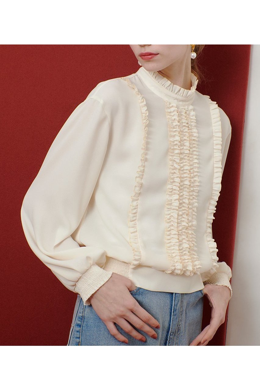 【アルアバイル/allureville】の【LOULOU WILLOUGHBY】スタンドフリルシャーリングブラウス 人気、トレンドファッション・服の通販 founy(ファニー) 　ファッション　Fashion　レディースファッション　Fashion for Women　トップス・カットソー　Cut & Sew Tops　シャツ・ブラウス・オフィスカジュアル　Elegant Blouses & Button-Ups　2025年　2025　2025-2026秋冬・A/W　Autumn/Winter 2025–26 AW25–26　インナー　Innerwear　シャーリング　Shirring, Ruched　ジャケット　Jacket, Outerwear　スリーブ　Sleeve, Long Sleeve / Short Sleeve　フリル　Frill, Ruffle　ロング　Long, Long-Length　A/W・秋冬　Autumn/Winter　other-4|ID: prp329100004632806 ipo3291000000033341652