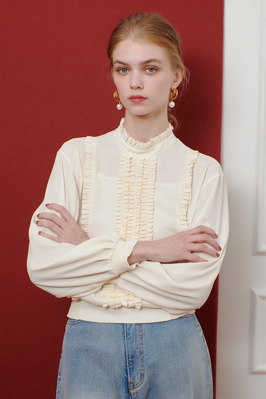 【アルアバイル/allureville】の【LOULOU WILLOUGHBY】スタンドフリルシャーリングブラウス 人気、トレンドファッション・服の通販 founy(ファニー) 　ファッション　Fashion　レディースファッション　Fashion for Women　トップス・カットソー　Cut & Sew Tops　シャツ・ブラウス・オフィスカジュアル　Elegant Blouses & Button-Ups　2025年　2025　2025-2026秋冬・A/W　Autumn/Winter 2025–26 AW25–26　インナー　Innerwear　シャーリング　Shirring, Ruched　ジャケット　Jacket, Outerwear　スリーブ　Sleeve, Long Sleeve / Short Sleeve　フリル　Frill, Ruffle　ロング　Long, Long-Length　A/W・秋冬　Autumn/Winter　other-6|ID: prp329100004632806 ipo3291000000033341654