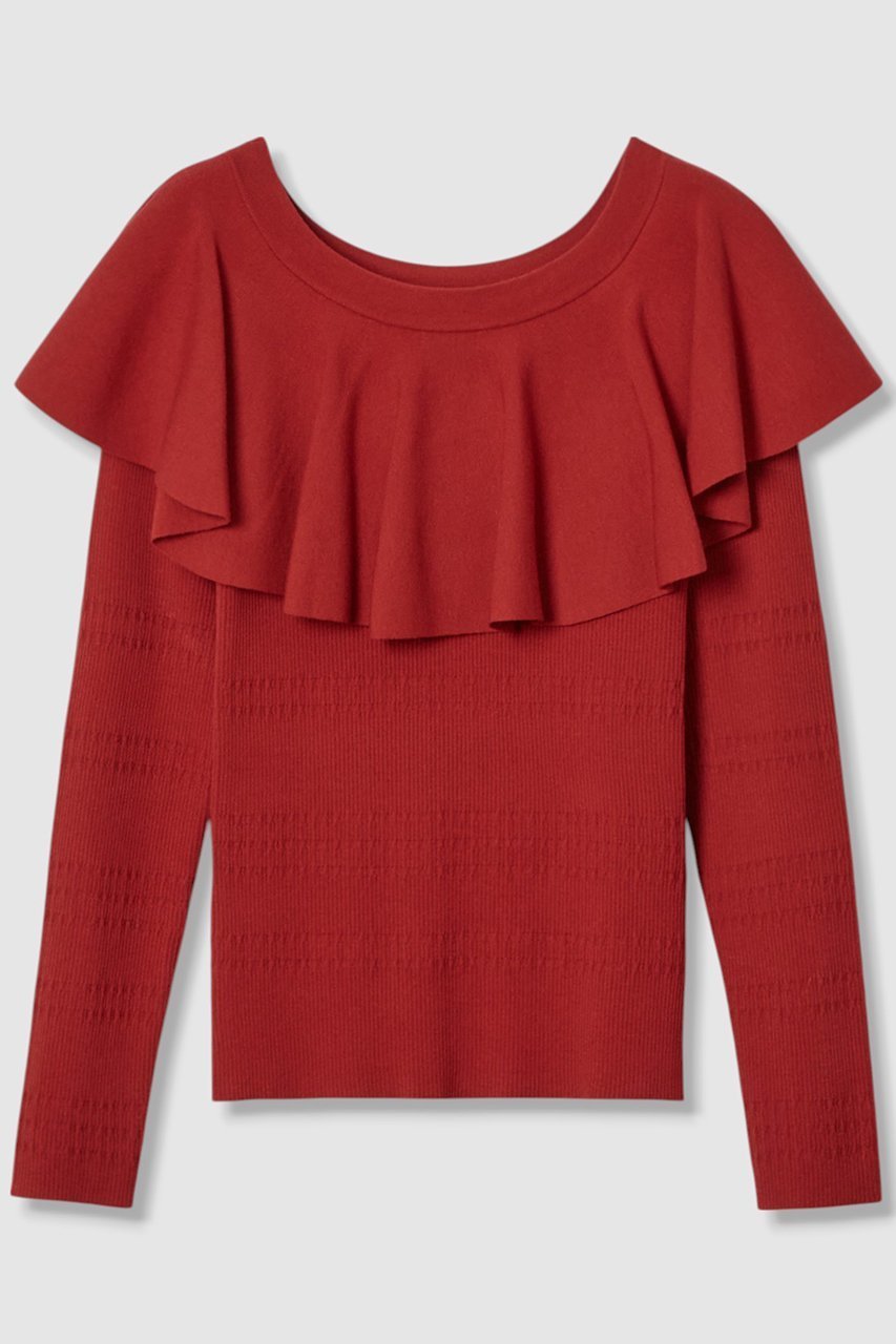 【アルアバイル/allureville】の【LOULOU WILLOUGHBY】ラッフルオフショルプルオーバー インテリア・キッズ・メンズ・レディースファッション・服の通販 founy(ファニー) 　ファッション　Fashion　レディースファッション　Fashion for Women　トップス・カットソー　Cut & Sew Tops　ニット　Knit Tops & Sweaters　カジュアルプルオーバー・ニットトップス　Pullovers & Knit Tops / Casual Pullovers　おすすめ　Recommended / Our Picks　ラッフル　Ruffle, Frill　レッド|ID: prp329100004632839 ipo3291000000035562520