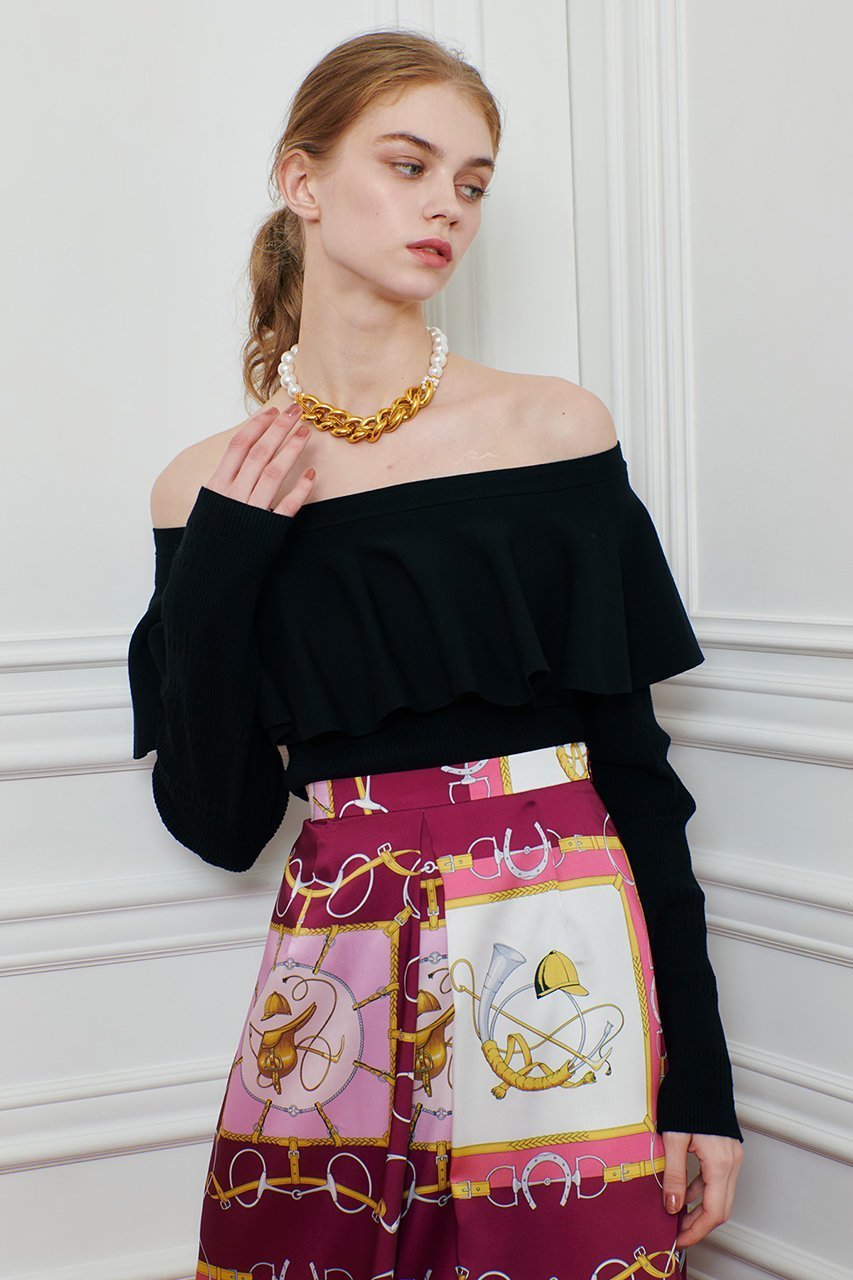 【アルアバイル/allureville】の【LOULOU WILLOUGHBY】ラッフルオフショルプルオーバー インテリア・キッズ・メンズ・レディースファッション・服の通販 founy(ファニー) 　ファッション　Fashion　レディースファッション　Fashion for Women　トップス・カットソー　Cut & Sew Tops　ニット　Knit Tops & Sweaters　カジュアルプルオーバー・ニットトップス　Pullovers & Knit Tops / Casual Pullovers　おすすめ　Recommended / Our Picks　ラッフル　Ruffle, Frill　ブラック|ID: prp329100004632839 ipo3291000000035562521