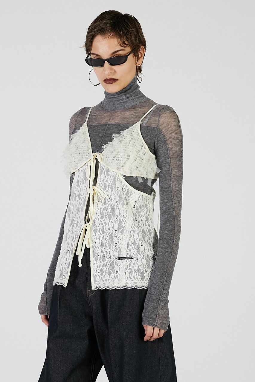 【プランク プロジェクト/PRANK PROJECT】のレースカットアウトキャミトップ / Lace Cut-Out Camisole Top 人気、トレンドファッション・服の通販 founy(ファニー) 　ファッション　Fashion　レディースファッション　Fashion for Women　トップス・カットソー　Cut & Sew Tops　キャミソール&ノースリーブ　Camisoles & Sleeveless Tops　シャツ・ブラウス・オフィスカジュアル　Elegant Blouses & Button-Ups　インナー　Innerwear　カッティング　Cutting Detail　スリーブ　Sleeve, Long Sleeve / Short Sleeve　フロント　Front, Front Design　ベロア　Velour, Soft Velvet　リボン　Ribbon, Bow　レース　Lace, Lace Fabric　ロング　Long, Long-Length　other-7|ID: prp329100004634669 ipo3291000000035753335
