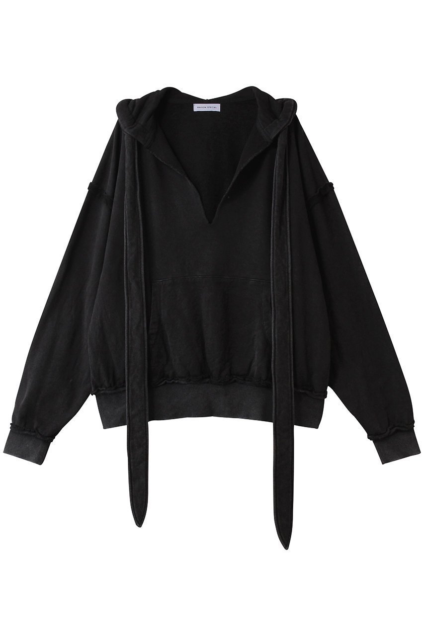 【メゾンスペシャル/MAISON SPECIAL】のSlit Ribbon Hoodie/スリットリボンフーディ インテリア・キッズ・メンズ・レディースファッション・服の通販 founy(ファニー) 　ファッション　Fashion　レディースファッション　Fashion for Women　トップス・カットソー　Cut & Sew Tops　シャツ・ブラウス・オフィスカジュアル　Elegant Blouses & Button-Ups　レディースパーカー・カジュアルフーディー　Casual Hoodies & Sweatshirts　ロングTシャツ・Tシャツ　Longline T-Shirts & Tees　スウェット・クルーネックトップス　Sweatshirts & Crewnecks / Relaxed Fit Sweat Tops　カットソー・ベーシックTシャツ　Cut-and-Sewn Tops / Stretch Tees & Basics　おすすめ　Recommended / Our Picks　インナー　Innerwear　スリット　Slit, Slit Detail　フロント　Front, Front Design　リボン　Ribbon, Bow　ロング　Long, Long-Length　ヴィンテージ　Vintage Style　BLK(ブラック)|ID: prp329100004635349 ipo3291000000035784669