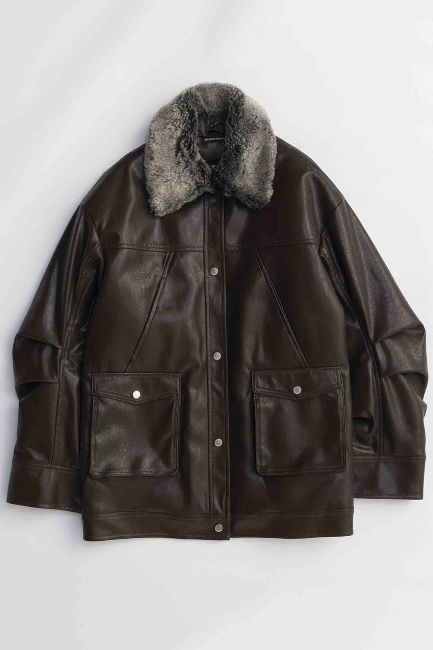 【メゾンスペシャル/MAISON SPECIAL】のFur Collar Vegan Leather Middle Blouson/ファーカラーヴィーガンレザーミドルブルゾン インテリア・キッズ・メンズ・レディースファッション・服の通販 founy(ファニー) 　ファッション　Fashion　レディースファッション　Fashion for Women　アウター　Coat / Outerwear Collection　レディースジャケット・軽アウター　Jackets　ブルゾンジャケット・スポーティアウター　Blouson Jackets　アニマル　Animal Print　今季　This Season, Current Season　ジップ　Zip, Zipper　ジャケット　Jacket, Outerwear　スウェット / スエット　Sweatshirt, Sweatwear　トレンド　Trend, Trending Now　フェイクファー　Faux Fur, Imitation Fur　フェイクレザー　Faux Leather, PU Leather　フラップ　Flap, Flap Pocket　フロント　Front, Front Design　ブルゾン　Blouson, Bomber Jacket　ポケット　Pocket, Pocket Detail　防寒　Cold Protection, Winter-Ready　A/W・秋冬　Autumn/Winter　おすすめ　Recommended / Our Picks　エレガント 上品　Elegant　2025年　2025　2025-2026秋冬・A/W　Autumn/Winter 2025–26 AW25–26　BRN(ブラウン)|ID: prp329100004635368 ipo3291000000033383493