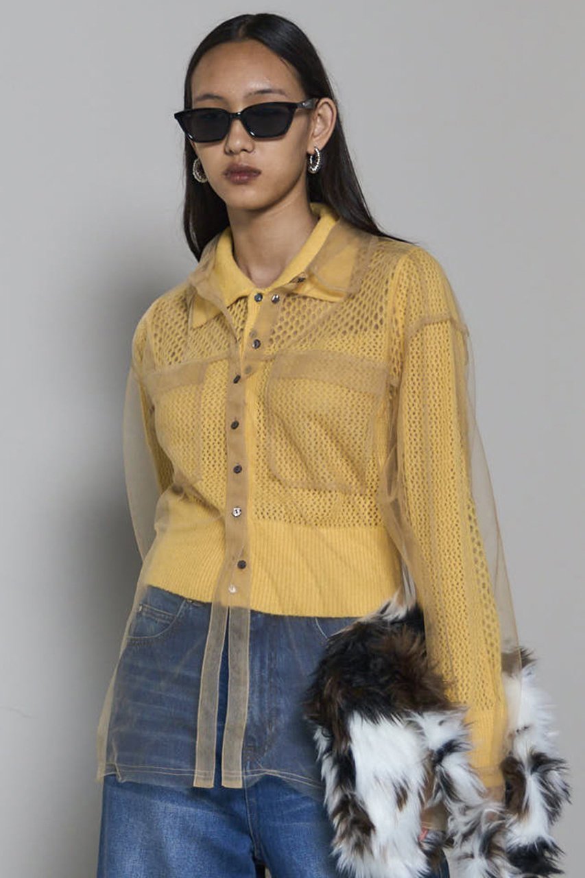 【メゾンスペシャル/MAISON SPECIAL】のTulle Shirt Layered Polo Knit Cardigan/チュールシャツレイヤードポロニットカーディガン 人気、トレンドファッション・服の通販 founy(ファニー) 　ファッション　Fashion　レディースファッション　Fashion for Women　トップス・カットソー　Cut & Sew Tops　ニット　Knit Tops & Sweaters　カーディガン・羽織り　Layered Style Cardigans　シャツ・ブラウス・オフィスカジュアル　Elegant Blouses & Button-Ups　2025年　2025　2025-2026秋冬・A/W　Autumn/Winter 2025–26 AW25–26　ウォーム　Warm Fabric　カーディガン　Cardigan, Knitwear　コンパクト　Compact, Small Size　シアー　Sheer, See-Through　チュール　Tulip, Tulip Motif　フィット　Fit, Slim Fit　A/W・秋冬　Autumn/Winter　透かし　Cut-Out, Lacework　other-6|ID: prp329100004635388 ipo3291000000033383697