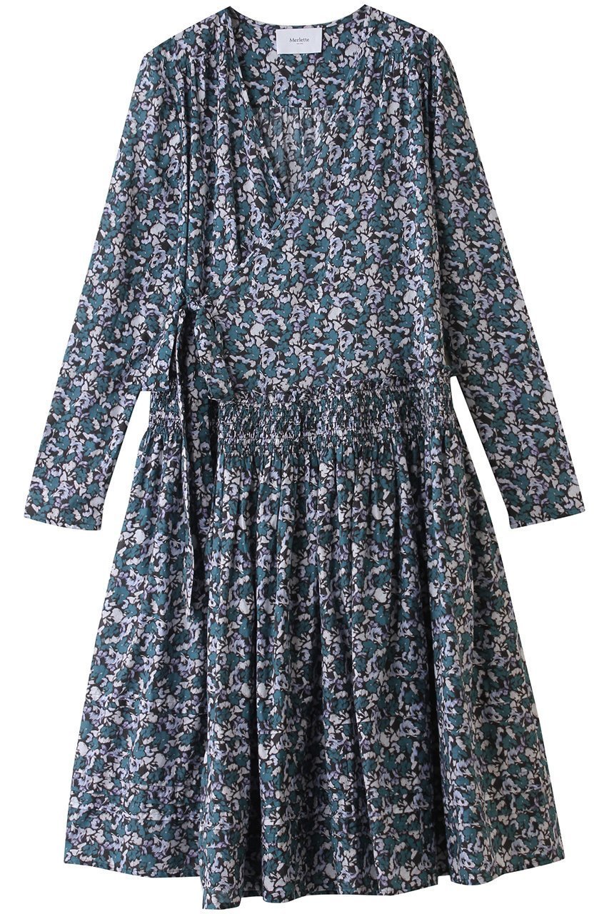 【マーレット/MERLETTE】のLILAS PRINT フラワープリント ローウエスト切替ギャザーラップドレス インテリア・キッズ・メンズ・レディースファッション・服の通販 founy(ファニー) 　ファッション　Fashion　レディースファッション　Fashion for Women　ワンピース　Dresses　フォーマル・パーティードレス・結婚式用ドレス　Elegant & Casual Dresses　チュニック　Tunic Tops & Dresses　2025年　2025　2025-2026秋冬・A/W　Autumn/Winter 2025–26 AW25–26　ギャザー　Gathered, Ruffled　チュニック　Tunic, Long Top　ドレス　Dress, One-Piece　フラワー　Flower, Floral　プリント　Print, Printed Pattern　ラップ　Wrap, Wrap Design　リボン　Ribbon, Bow　切替　Switching, Contrast Panel　A/W・秋冬　Autumn/Winter　ネイビー|ID: prp329100004636671 ipo3291000000033407175