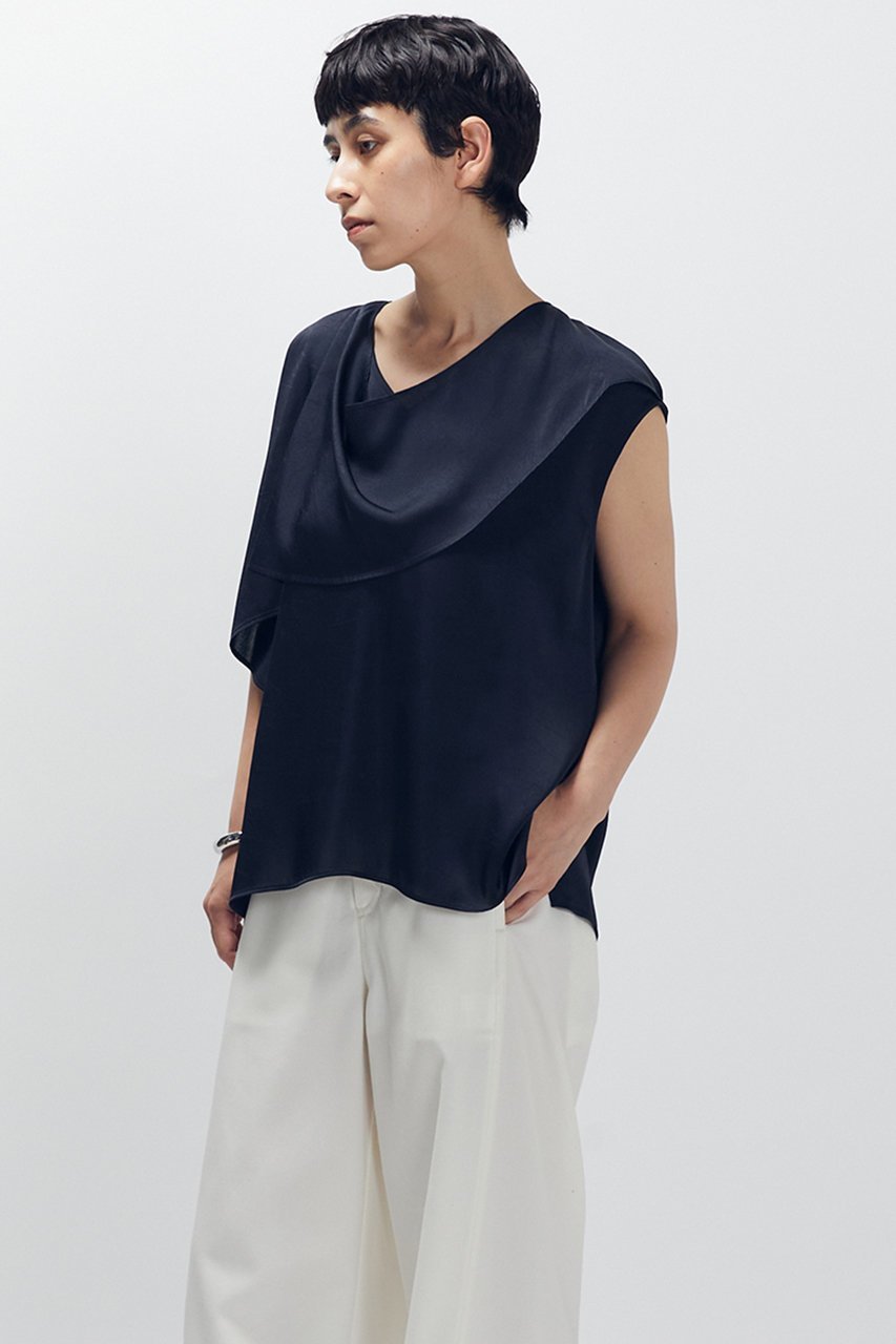 【プルミエ アロンディスモン/1er Arrondissement】のサテンドレープブラウス インテリア・キッズ・メンズ・レディースファッション・服の通販 founy(ファニー) 　ファッション　Fashion　レディースファッション　Fashion for Women　トップス・カットソー　Cut & Sew Tops　シャツ・ブラウス・オフィスカジュアル　Elegant Blouses & Button-Ups　2025年　2025　2025-2026秋冬・A/W　Autumn/Winter 2025–26 AW25–26　おすすめ　Recommended / Our Picks　アシンメトリー　Asymmetrical Style　エレガント 上品　Elegant　サテン　Satin, Glossy Fabric　ショート　Short, Short Length　ジャケット　Jacket, Outerwear　スカーフ　Scarf, Neckwear　スリーブ　Sleeve, Long Sleeve / Short Sleeve　ドレープ　Drape, Draping Fabric　リラックス　Relax, Relaxed Fit　秋　Autumn　A/W・秋冬　Autumn/Winter　ネイビー|ID: prp329100004638298 ipo3291000000033428633