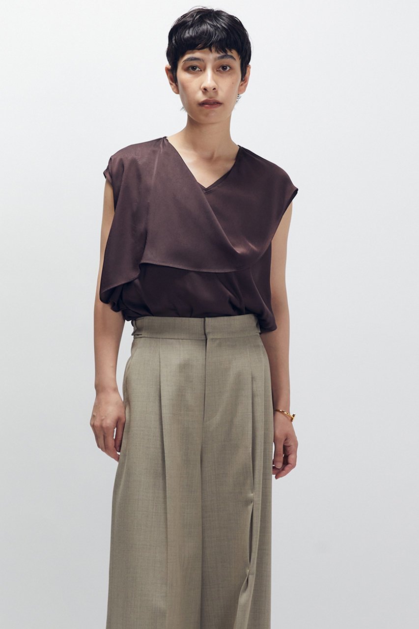 【プルミエ アロンディスモン/1er Arrondissement】のサテンドレープブラウス インテリア・キッズ・メンズ・レディースファッション・服の通販 founy(ファニー) 　ファッション　Fashion　レディースファッション　Fashion for Women　トップス・カットソー　Cut & Sew Tops　シャツ・ブラウス・オフィスカジュアル　Elegant Blouses & Button-Ups　おすすめ　Recommended / Our Picks　アシンメトリー　Asymmetrical Style　エレガント 上品　Elegant　サテン　Satin, Glossy Fabric　ショート　Short, Short Length　ジャケット　Jacket, Outerwear　スカーフ　Scarf, Neckwear　スリーブ　Sleeve, Long Sleeve / Short Sleeve　ドレープ　Drape, Draping Fabric　リラックス　Relax, Relaxed Fit　秋　Autumn　ブラウン|ID: prp329100004638298 ipo3291000000035377399