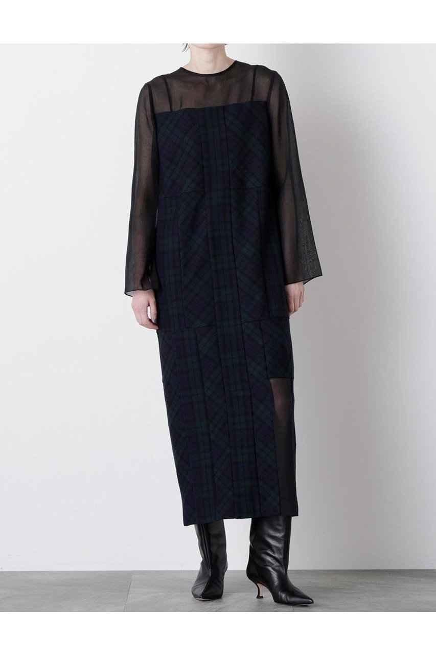 【ヒューエルミュージアム/hueLe Museum】の【STUMBLY】Sheer Combination Pattern Dress インテリア・キッズ・メンズ・レディースファッション・服の通販 founy(ファニー) 　ファッション　Fashion　レディースファッション　Fashion for Women　ワンピース　Dresses　フォーマル・パーティードレス・結婚式用ドレス　Elegant & Casual Dresses　チュニック　Tunic Tops & Dresses　2025年　2025　2025-2026秋冬・A/W　Autumn/Winter 2025–26 AW25–26　チェック　Check, Plaid, Tartan　チュニック　Tunic, Long Top　ドレス　Dress, One-Piece　パッチワーク　Patchwork, Mixed Fabric　プリント　Print, Printed Pattern　ランダム　Random, Irregular　ロング　Long, Long-Length　無地　Plain, Solid Color　A/W・秋冬　Autumn/Winter　グリーン|ID: prp329100004640129 ipo3291000000033449888
