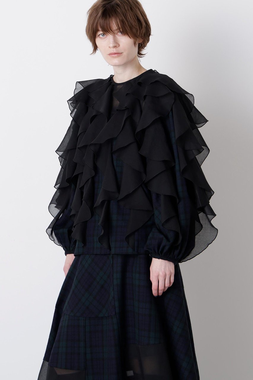 【ヒューエルミュージアム/hueLe Museum】の【STUMBLY】Sheer Combination Pattern Blouse インテリア・キッズ・メンズ・レディースファッション・服の通販 founy(ファニー) 　ファッション　Fashion　レディースファッション　Fashion for Women　トップス・カットソー　Cut & Sew Tops　シャツ・ブラウス・オフィスカジュアル　Elegant Blouses & Button-Ups　2025年　2025　2025-2026秋冬・A/W　Autumn/Winter 2025–26 AW25–26　オーガンジー　Organza Fabric　シアー　Sheer, See-Through　スリーブ　Sleeve, Long Sleeve / Short Sleeve　チェック　Check, Plaid, Tartan　プリント　Print, Printed Pattern　ラッフル　Ruffle, Frill　ロング　Long, Long-Length　エレガント 上品　Elegant　無地　Plain, Solid Color　A/W・秋冬　Autumn/Winter　軽量　Lightweight, Ultra Light　グリーン|ID: prp329100004640159 ipo3291000000033450124