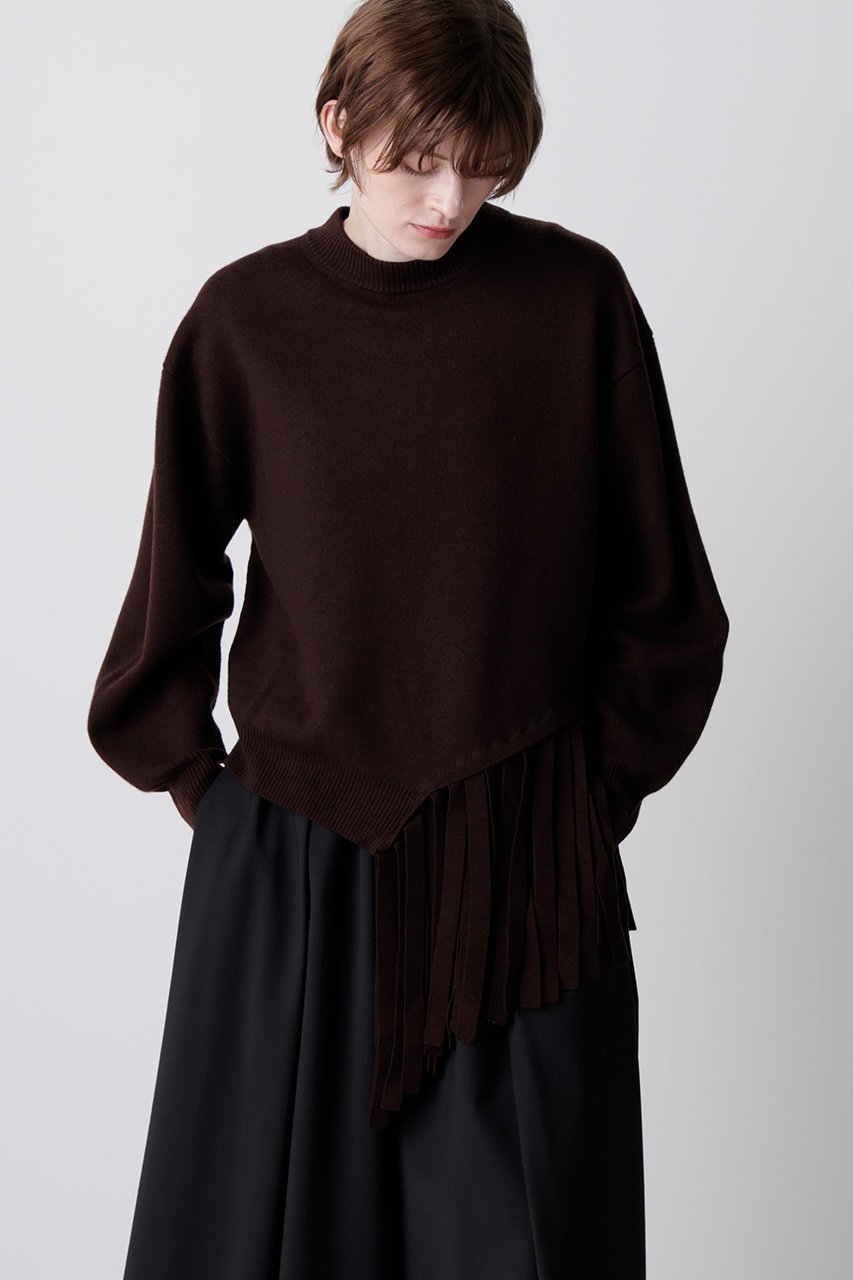 【ヒューエルミュージアム/hueLe Museum】の【hLM】フリンジニット インテリア・キッズ・メンズ・レディースファッション・服の通販 founy(ファニー) 　ファッション　Fashion　レディースファッション　Fashion for Women　トップス・カットソー　Cut & Sew Tops　ニット　Knit Tops & Sweaters　カジュアルプルオーバー・ニットトップス　Pullovers & Knit Tops / Casual Pullovers　アシンメトリー　Asymmetrical Style　イタリア　Italy　スウェット / スエット　Sweatshirt, Sweatwear　フリンジ　Fringe, Tassel　ブラウン|ID: prp329100004640194 ipo3291000000035416994