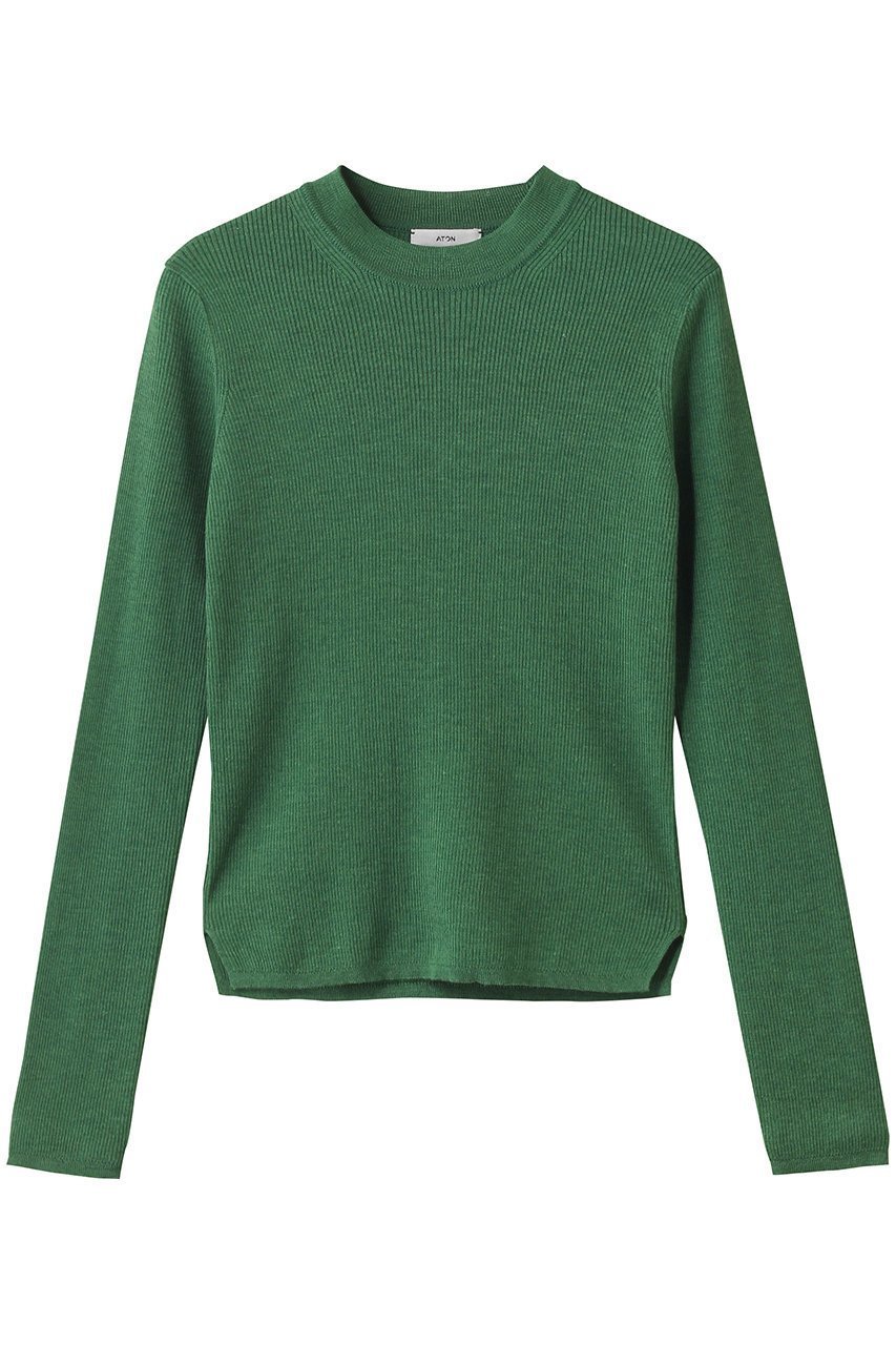 【エイトン/ATON】のRAMIE WOOL リブモックネックセーター インテリア・キッズ・メンズ・レディースファッション・服の通販 founy(ファニー) 　ファッション　Fashion　レディースファッション　Fashion for Women　トップス・カットソー　Cut & Sew Tops　ニット　Knit Tops & Sweaters　カジュアルプルオーバー・ニットトップス　Pullovers & Knit Tops / Casual Pullovers　インナー　Innerwear　スリーブ　Sleeve, Long Sleeve / Short Sleeve　セーター　Sweater, Knitwear　ネップ　Nepp, Slub Yarn　モックネック　Mock Neck, Short Turtleneck　ロング　Long, Long-Length　定番　Standard, Basic Item　グリーン|ID: prp329100004642556 ipo3291000000035753498