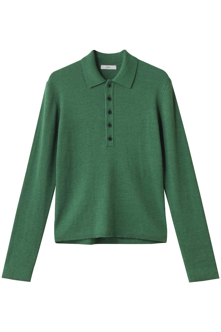 【エイトン/ATON】のRAMIE WOOL リブポロセーター インテリア・キッズ・メンズ・レディースファッション・服の通販 founy(ファニー) 　ファッション　Fashion　レディースファッション　Fashion for Women　トップス・カットソー　Cut & Sew Tops　ニット　Knit Tops & Sweaters　カジュアルプルオーバー・ニットトップス　Pullovers & Knit Tops / Casual Pullovers　インナー　Innerwear　スリーブ　Sleeve, Long Sleeve / Short Sleeve　セーター　Sweater, Knitwear　ネップ　Nepp, Slub Yarn　ロング　Long, Long-Length　グリーン|ID: prp329100004642557 ipo3291000000035753506