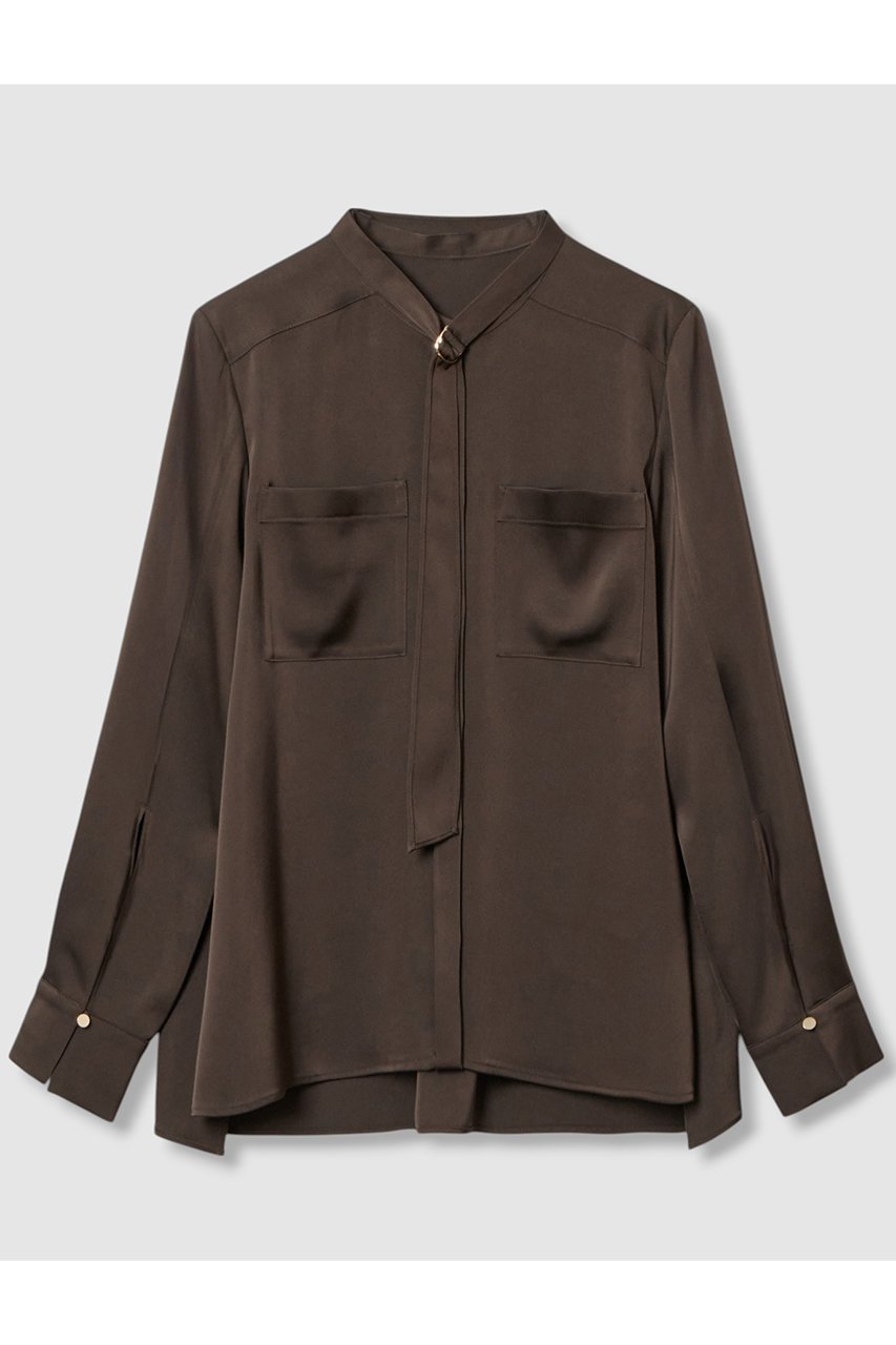 【アナイ/ANAYI】のストレッチサテンタイ付き ブラウス インテリア・キッズ・メンズ・レディースファッション・服の通販 founy(ファニー) 　ファッション　Fashion　レディースファッション　Fashion for Women　トップス・カットソー　Cut & Sew Tops　シャツ・ブラウス・オフィスカジュアル　Elegant Blouses & Button-Ups　2025年　2025　2025-2026秋冬・A/W　Autumn/Winter 2025–26 AW25–26　おすすめ　Recommended / Our Picks　サテン　Satin, Glossy Fabric　シンプル　Simple, Minimal　スタンド　Stand Collar, Upright Stand　ストレッチ　Stretch, Stretchy Fabric　スリット　Slit, Slit Detail　スリーブ　Sleeve, Long Sleeve / Short Sleeve　セットアップ　Set-Up, Coordinated Outfit　ダブル　Double, Double-Breasted　ポケット　Pocket, Pocket Detail　ロング　Long, Long-Length　エレガント 上品　Elegant　A/W・秋冬　Autumn/Winter　ブラウン|ID: prp329100004644437 ipo3291000000033510464