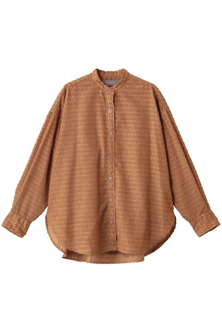 【エリオポール/heliopole】のカットジャカードバンドカラーシャツ インテリア・キッズ・メンズ・レディースファッション・服の通販 founy(ファニー) 　ファッション　Fashion　レディースファッション　Fashion for Women　トップス・カットソー　Cut & Sew Tops　シャツ・ブラウス・オフィスカジュアル　Elegant Blouses & Button-Ups　エレガント 上品　Elegant　シアー　Sheer, See-Through　ジャカード／ジャガード　Jacquard, Woven Pattern　スリーブ　Sleeve, Long Sleeve / Short Sleeve　デニム　Denim, Jeans Material　ロング　Long, Long-Length　キャメル|ID: prp329100004649114 ipo3291000000035753672