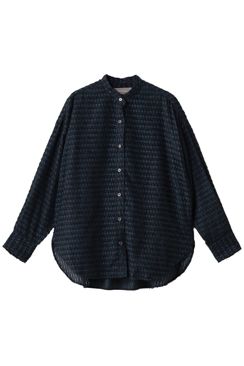 【エリオポール/heliopole】のカットジャカードバンドカラーシャツ インテリア・キッズ・メンズ・レディースファッション・服の通販 founy(ファニー) 　ファッション　Fashion　レディースファッション　Fashion for Women　トップス・カットソー　Cut & Sew Tops　シャツ・ブラウス・オフィスカジュアル　Elegant Blouses & Button-Ups　エレガント 上品　Elegant　シアー　Sheer, See-Through　ジャカード／ジャガード　Jacquard, Woven Pattern　スリーブ　Sleeve, Long Sleeve / Short Sleeve　デニム　Denim, Jeans Material　ロング　Long, Long-Length　ネイビー|ID: prp329100004649114 ipo3291000000035753673