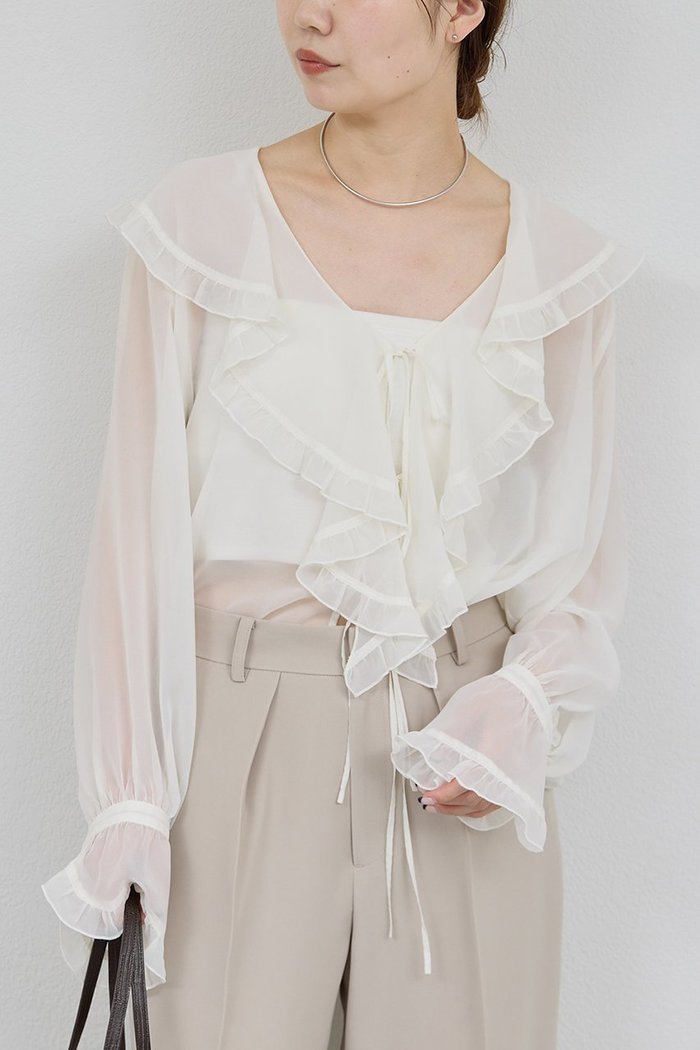 【ガリャルダガランテ/GALLARDAGALANTE】のシアーフリルブラウス インテリア・キッズ・メンズ・レディースファッション・服の通販 founy(ファニー) https://founy.com/ ファッション Fashion レディースファッション Fashion for Women トップス・カットソー Cut & Sew Tops シャツ・ブラウス・オフィスカジュアル Elegant Blouses & Button-Ups インナー Innerwear スリーブ Sleeve, Long Sleeve / Short Sleeve フェミニン Feminine, Girly フリル Frill, Ruffle ロング Long, Long-Length 冬 Winter / This Winter 夏 Summer 秋 Autumn |ID: prp329100004649126 ipo3291000000035753696