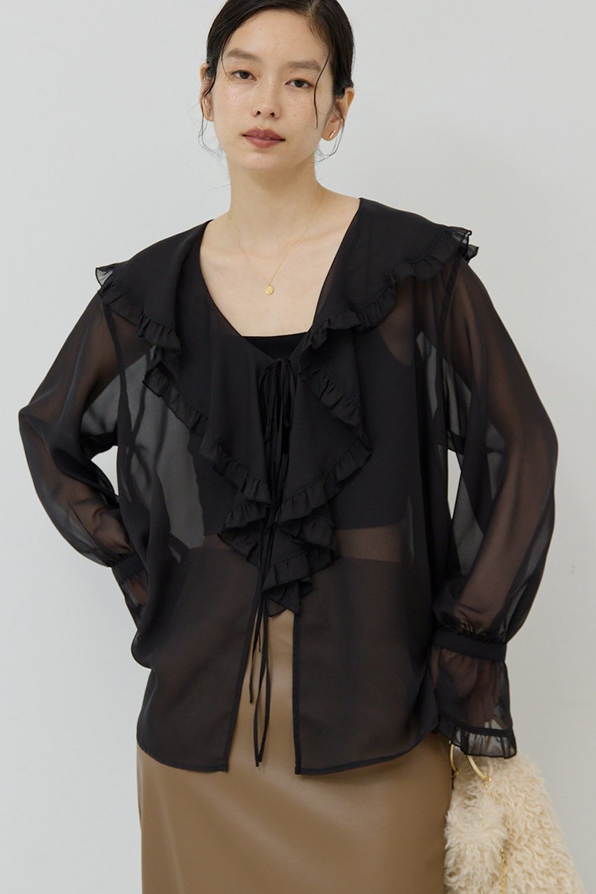 【ガリャルダガランテ/GALLARDAGALANTE】のシアーフリルブラウス インテリア・キッズ・メンズ・レディースファッション・服の通販 founy(ファニー) ファッション Fashion レディースファッション Fashion for Women トップス・カットソー Cut & Sew Tops シャツ・ブラウス・オフィスカジュアル Elegant Blouses & Button-Ups インナー Innerwear スリーブ Sleeve, Long Sleeve / Short Sleeve フェミニン Feminine, Girly フリル Frill, Ruffle ロング Long, Long-Length 冬 Winter / This Winter 夏 Summer 秋 Autumn ブラック|ID: prp329100004649126 ipo3291000000035753698