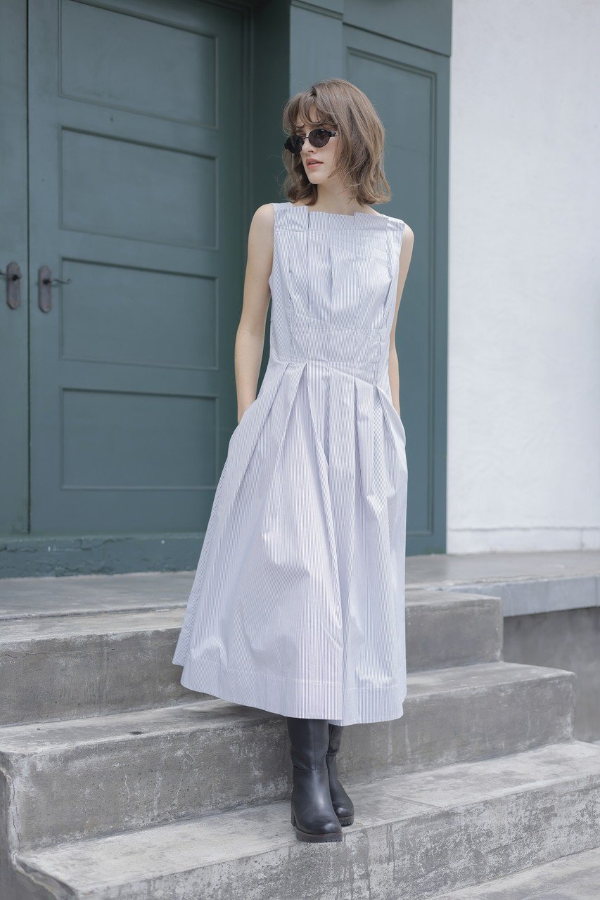 【マーレット/MERLETTE】のNARA STRIPE プリーツデザインノースリーブドレス 人気、トレンドファッション・服の通販 founy(ファニー) 　ファッション　Fashion　レディースファッション　Fashion for Women　ワンピース　Dresses　フォーマル・パーティードレス・結婚式用ドレス　Elegant & Casual Dresses　チュニック　Tunic Tops & Dresses　アシンメトリー　Asymmetrical Style　ストライプ　Stripe, Striped Pattern　チュニック　Tunic, Long Top　プリーツ　Pleats, Pleated　再入荷　Restock / Back in Stock　other-6|ID: prp329100004649904 ipo3291000000035817223
