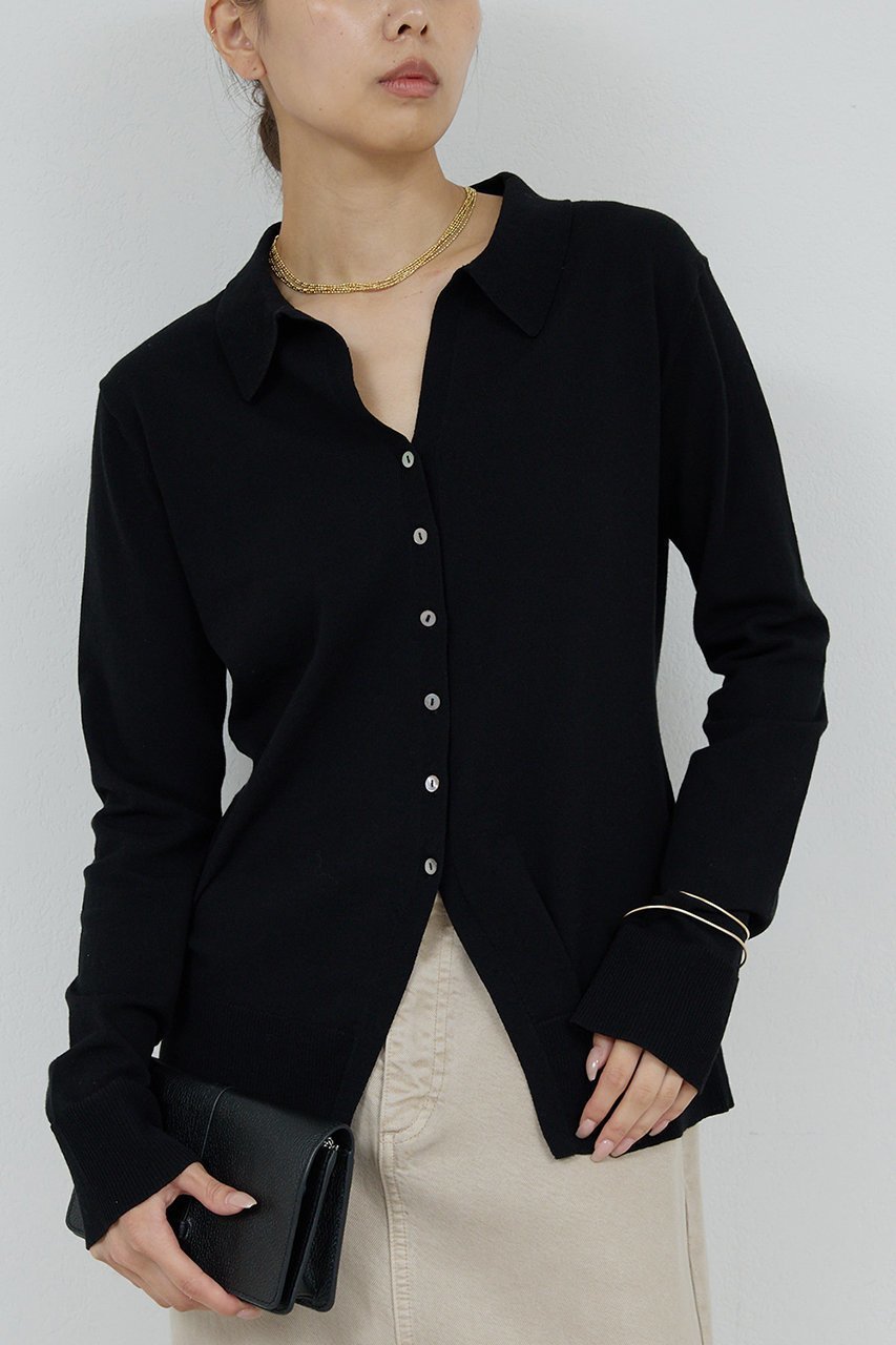 【ガリャルダガランテ/GALLARDAGALANTE】の総針ポロカーデ インテリア・キッズ・メンズ・レディースファッション・服の通販 founy(ファニー) 　ファッション　Fashion　レディースファッション　Fashion for Women　トップス・カットソー　Cut & Sew Tops　ニット　Knit Tops & Sweaters　カーディガン・羽織り　Layered Style Cardigans　インナー　Innerwear　カーディガン　Cardigan, Knitwear　ジャケット　Jacket, Outerwear　スリット　Slit, Slit Detail　フィット　Fit, Slim Fit　ブラック|ID: prp329100004649925 ipo3291000000035357755