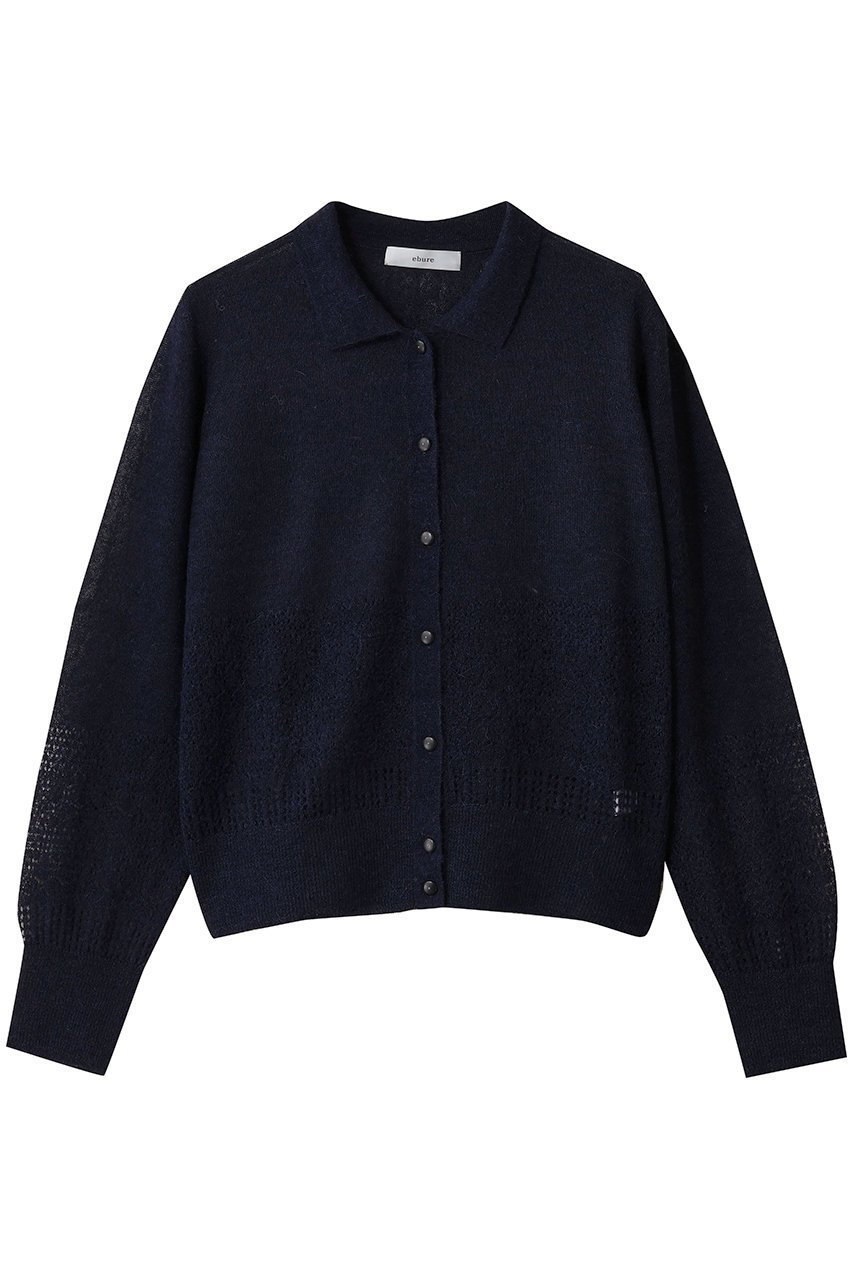 【エブール/ebure】のアイレットポイントニット 襟付カーディガン インテリア・キッズ・メンズ・レディースファッション・服の通販 founy(ファニー) 　ファッション　Fashion　レディースファッション　Fashion for Women　トップス・カットソー　Cut & Sew Tops　ニット　Knit Tops & Sweaters　カーディガン・羽織り　Layered Style Cardigans　カーディガン　Cardigan, Knitwear　シアー　Sheer, See-Through　ジャケット　Jacket, Outerwear　マニッシュ　Mannish, Boyish　ミックス　Mix, Mixed Style　エレガント 上品　Elegant　透かし　Cut-Out, Lacework　ネイビー|ID: prp329100004653180 ipo3291000000035967658