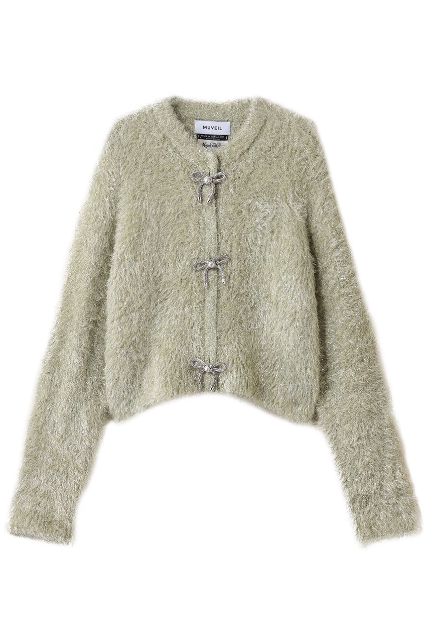 【ミュベール/MUVEIL】のリボン釦グリッターファーカーディガン インテリア・キッズ・メンズ・レディースファッション・服の通販 founy(ファニー) 　ファッション　Fashion　レディースファッション　Fashion for Women　アウター　Coat / Outerwear Collection　カーディガン　Cardigan, Knitwear　コンパクト　Compact, Small Size　ジャケット　Jacket, Outerwear　フェザー　Feather, Feather Detail　ボトム　Bottoms, Lower Wear　リボン　Ribbon, Bow　新作・新入荷　New Arrivals / New In　エクリュ|ID: prp329100004655064 ipo3291000000033662359