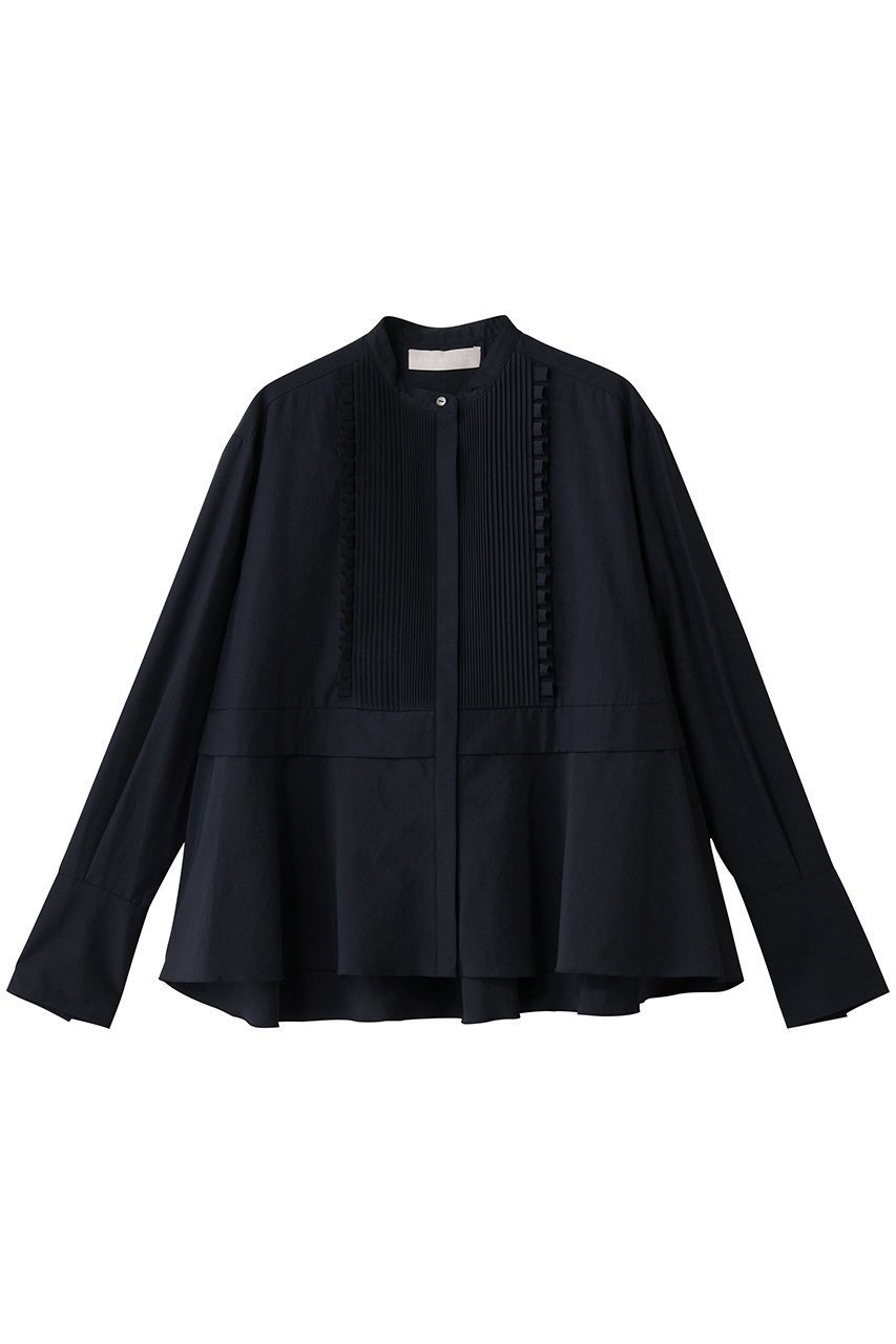【マリリンムーン/MARILYN MOON】のタックフリルフレアシャツ インテリア・キッズ・メンズ・レディースファッション・服の通販 founy(ファニー) 　ファッション　Fashion　レディースファッション　Fashion for Women　トップス・カットソー　Cut & Sew Tops　シャツ・ブラウス・オフィスカジュアル　Elegant Blouses & Button-Ups　おすすめ　Recommended / Our Picks　カーディガン　Cardigan, Knitwear　ジャケット　Jacket, Outerwear　スリーブ　Sleeve, Long Sleeve / Short Sleeve　バランス　Balance, Style Balance　フリル　Frill, Ruffle　フレア　Flare, Flared　ボトム　Bottoms, Lower Wear　ロング　Long, Long-Length　台形　A-Line, Trapezoid Shape　新作・新入荷　New Arrivals / New In　ネイビー|ID: prp329100004655131 ipo3291000000033663792