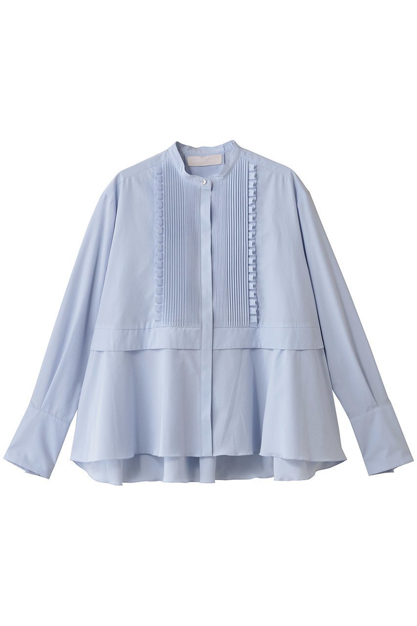 【マリリンムーン/MARILYN MOON】のタックフリルフレアシャツ インテリア・キッズ・メンズ・レディースファッション・服の通販 founy(ファニー) 　ファッション　Fashion　レディースファッション　Fashion for Women　トップス・カットソー　Cut & Sew Tops　シャツ・ブラウス・オフィスカジュアル　Elegant Blouses & Button-Ups　おすすめ　Recommended / Our Picks　カーディガン　Cardigan, Knitwear　ジャケット　Jacket, Outerwear　スリーブ　Sleeve, Long Sleeve / Short Sleeve　バランス　Balance, Style Balance　フリル　Frill, Ruffle　フレア　Flare, Flared　ボトム　Bottoms, Lower Wear　ロング　Long, Long-Length　台形　A-Line, Trapezoid Shape　新作・新入荷　New Arrivals / New In　サックス|ID: prp329100004655131 ipo3291000000033663795