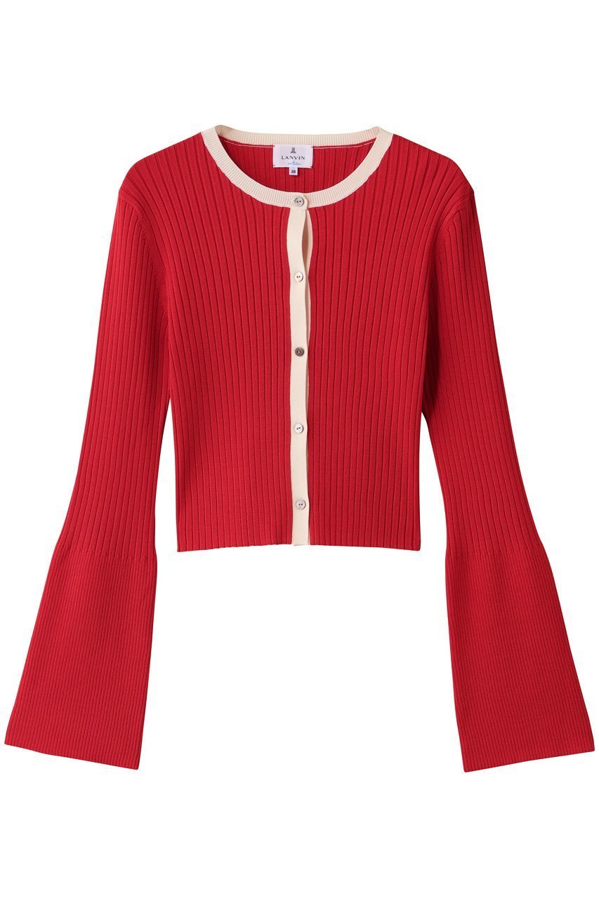 【ランバン オン ブルー/LANVIN en Bleu】のバイカラーリブショートカーディガン インテリア・キッズ・メンズ・レディースファッション・服の通販 founy(ファニー) 　ファッション　Fashion　レディースファッション　Fashion for Women　トップス・カットソー　Cut & Sew Tops　ニット　Knit Tops & Sweaters　カーディガン・羽織り　Layered Style Cardigans　カーディガン　Cardigan, Knitwear　ショート　Short, Short Length　スリーブ　Sleeve, Long Sleeve / Short Sleeve　フレア　Flare, Flared　ボトム　Bottoms, Lower Wear　新作・新入荷　New Arrivals / New In　レッド|ID: prp329100004658506 ipo3291000000033715523