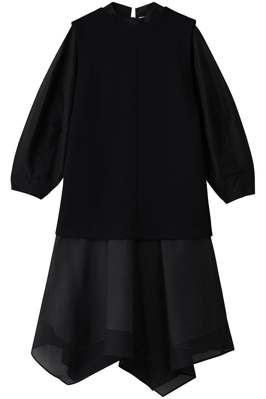 【ランバン オン ブルー/LANVIN en Bleu】のダンボールコンビワンピース インテリア・キッズ・メンズ・レディースファッション・服の通販 founy(ファニー) 　ファッション　Fashion　レディースファッション　Fashion for Women　ワンピース　Dresses　チュニック　Tunic Tops & Dresses　なめらか　Smooth, Silky Texture　オーガンジー　Organza Fabric　チュニック　Tunic, Long Top　フェミニン　Feminine, Girly　ミックス　Mix, Mixed Style　ロング　Long, Long-Length　エレガント 上品　Elegant　ブラック|ID: prp329100004658512 ipo3291000000036047914