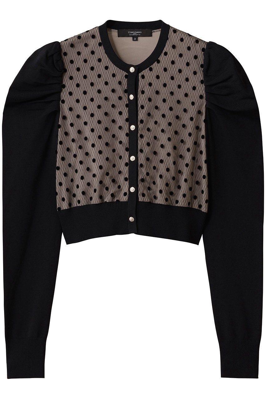 【コルコバード/CORCOVADO】のチュールドットフロッキーカーディガン インテリア・キッズ・メンズ・レディースファッション・服の通販 founy(ファニー) 　ファッション　Fashion　レディースファッション　Fashion for Women　トップス・カットソー　Cut & Sew Tops　ニット　Knit Tops & Sweaters　カーディガン・羽織り　Layered Style Cardigans　2025年　2025　2025-2026秋冬・A/W　Autumn/Winter 2025–26 AW25–26　カーディガン　Cardigan, Knitwear　ケミカル　Chemical, Chemical Wash　コンパクト　Compact, Small Size　チュール　Tulip, Tulip Motif　ドット　Polka Dot, Dot Pattern　プリント　Print, Printed Pattern　レース　Lace, Lace Fabric　人気　Popular, Best Seller　定番　Standard, Basic Item　A/W・秋冬　Autumn/Winter　ブラック|ID: prp329100004664779 ipo3291000000033743871
