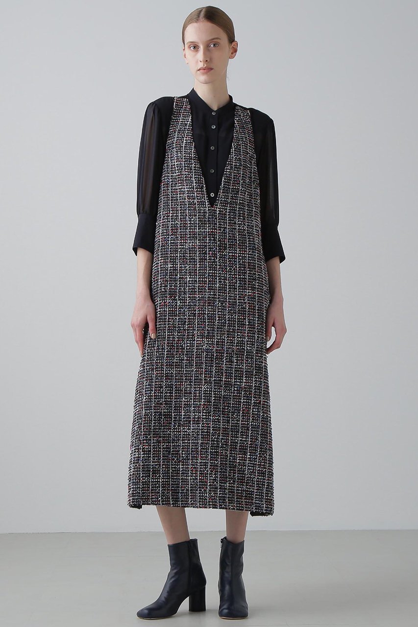 【アドーア/ADORE】のトリコロールツィードワンピース 人気、トレンドファッション・服の通販 founy(ファニー) 　ファッション　Fashion　レディースファッション　Fashion for Women　ワンピース　Dresses　チュニック　Tunic Tops & Dresses　サテン　Satin, Glossy Fabric　ストレート　Straight, Straight Cut　チュニック　Tunic, Long Top　ツイード／ツィード　Choker, Choker Necklace　ロング　Long, Long-Length　再入荷　Restock / Back in Stock　other-2|ID: prp329100004664820 ipo3291000000033744105