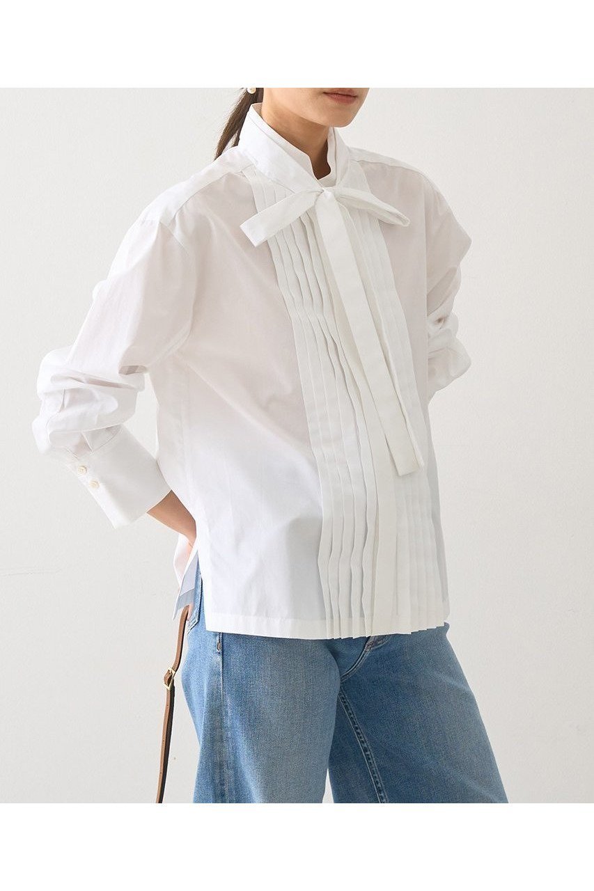 【デザイン ワークス/DESIGN WORKS】のボウタイ付きフロントプリーツシャツ インテリア・キッズ・メンズ・レディースファッション・服の通販 founy(ファニー) 　ファッション　Fashion　レディースファッション　Fashion for Women　トップス・カットソー　Cut & Sew Tops　シャツ・ブラウス・オフィスカジュアル　Elegant Blouses & Button-Ups　おすすめ　Recommended / Our Picks　クラシカル　Classical, Vintage-Inspired　シンプル　Simple, Minimal　ジャケット　Jacket, Outerwear　スリーブ　Sleeve, Long Sleeve / Short Sleeve　フロント　Front, Front Design　マニッシュ　Mannish, Boyish　メンズ　Men's, Menswear　リボン　Ribbon, Bow　ロング　Long, Long-Length　エレガント 上品　Elegant　新作・新入荷　New Arrivals / New In　ホワイト|ID: prp329100004669624 ipo3291000000033762535