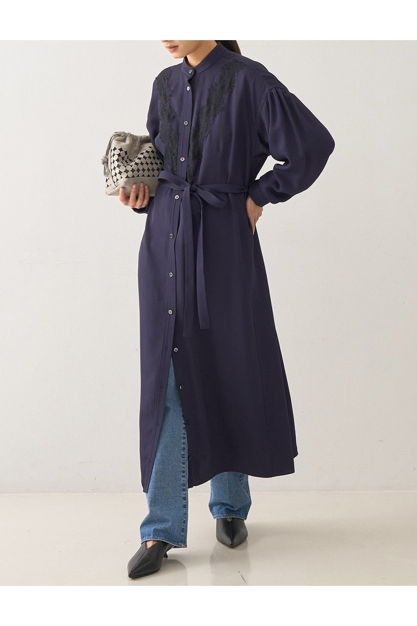 【デザイン ワークス/DESIGN WORKS】のレースコンビシャツワンピース インテリア・キッズ・メンズ・レディースファッション・服の通販 founy(ファニー) 　ファッション　Fashion　レディースファッション　Fashion for Women　ワンピース　Dresses　シャツワンピース / 1枚で着映えコーデ　Shirt Dresses　チュニック　Tunic Tops & Dresses　スタンド　Stand Collar, Upright Stand　チュニック　Tunic, Long Top　フェミニン　Feminine, Girly　レース　Lace, Lace Fabric　ロング　Long, Long-Length　エレガント 上品　Elegant　新作・新入荷　New Arrivals / New In　羽織　Haori, Light Jacket　ネイビー|ID: prp329100004669629 ipo3291000000033762568