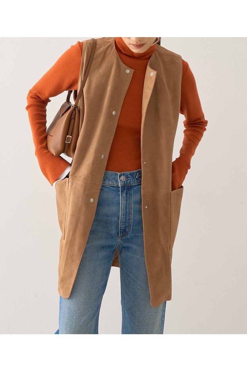 【デザイン ワークス/DESIGN WORKS】のゴートスエードロングジレベスト インテリア・キッズ・メンズ・レディースファッション・服の通販 founy(ファニー) 　ファッション　Fashion　レディースファッション　Fashion for Women　トップス・カットソー　Cut & Sew Tops　ニット　Knit Tops & Sweaters　ベスト&ジレ / 重ね着スタイル　Vests & Gilets　カジュアルプルオーバー・ニットトップス　Pullovers & Knit Tops / Casual Pullovers　おすすめ　Recommended / Our Picks　カッティング　Cutting Detail　スリム　Slim, Slim Fit　ボトム　Bottoms, Lower Wear　ロング　Long, Long-Length　ワイド　Wide, Wide Fit　新作・新入荷　New Arrivals / New In　A/W・秋冬　Autumn/Winter　キャメル|ID: prp329100004669631 ipo3291000000033762581