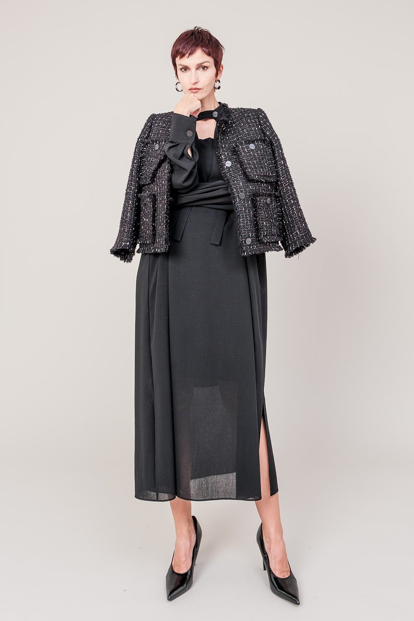 【ドメル/DOMELLE】のウール ボイル ドレス 人気、トレンドファッション・服の通販 founy(ファニー) 　ファッション　Fashion　レディースファッション　Fashion for Women　ワンピース　Dresses　フォーマル・パーティードレス・結婚式用ドレス　Elegant & Casual Dresses　チュニック　Tunic Tops & Dresses　アンダー　Underwear Essentials　エレガント 上品　Elegant　スタンド　Stand Collar, Upright Stand　ストレート　Straight, Straight Cut　スリット　Slit, Slit Detail　チュニック　Tunic, Long Top　ドレス　Dress, One-Piece　フロント　Front, Front Design　リゾート　Resort, Vacation Style　リボン　Ribbon, Bow　ロング　Long, Long-Length　other-6|ID: prp329100004669685 ipo3291000000036169378