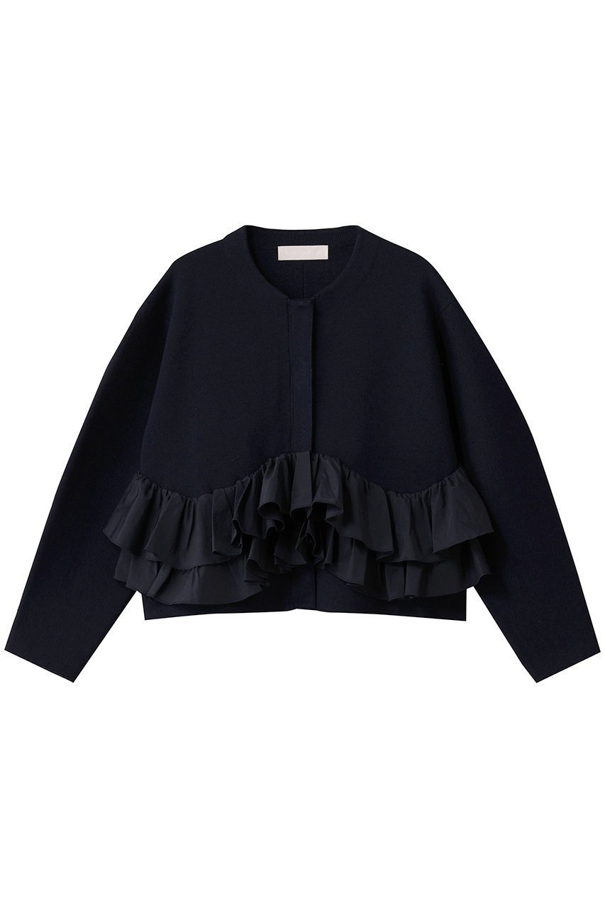 【マリリンムーン/MARILYN MOON】のスパイラルタフタラッフルニットジャケット インテリア・キッズ・メンズ・レディースファッション・服の通販 founy(ファニー) 　ファッション　Fashion　レディースファッション　Fashion for Women　アウター　Coat / Outerwear Collection　レディースジャケット・軽アウター　Jackets　インナー　Innerwear　カーディガン　Cardigan, Knitwear　コクーン　Cocoon, Cocoon Silhouette　ジャケット　Jacket, Outerwear　タフタ　Taffeta, Structured Fabric　ミラノリブ　Milano Rib, Milano Stitch　モダン　Modern, Contemporary　ラッフル　Ruffle, Frill　ロング　Long, Long-Length　人気　Popular, Best Seller　新作・新入荷　New Arrivals / New In　ネイビー|ID: prp329100004671171 ipo3291000000033768625