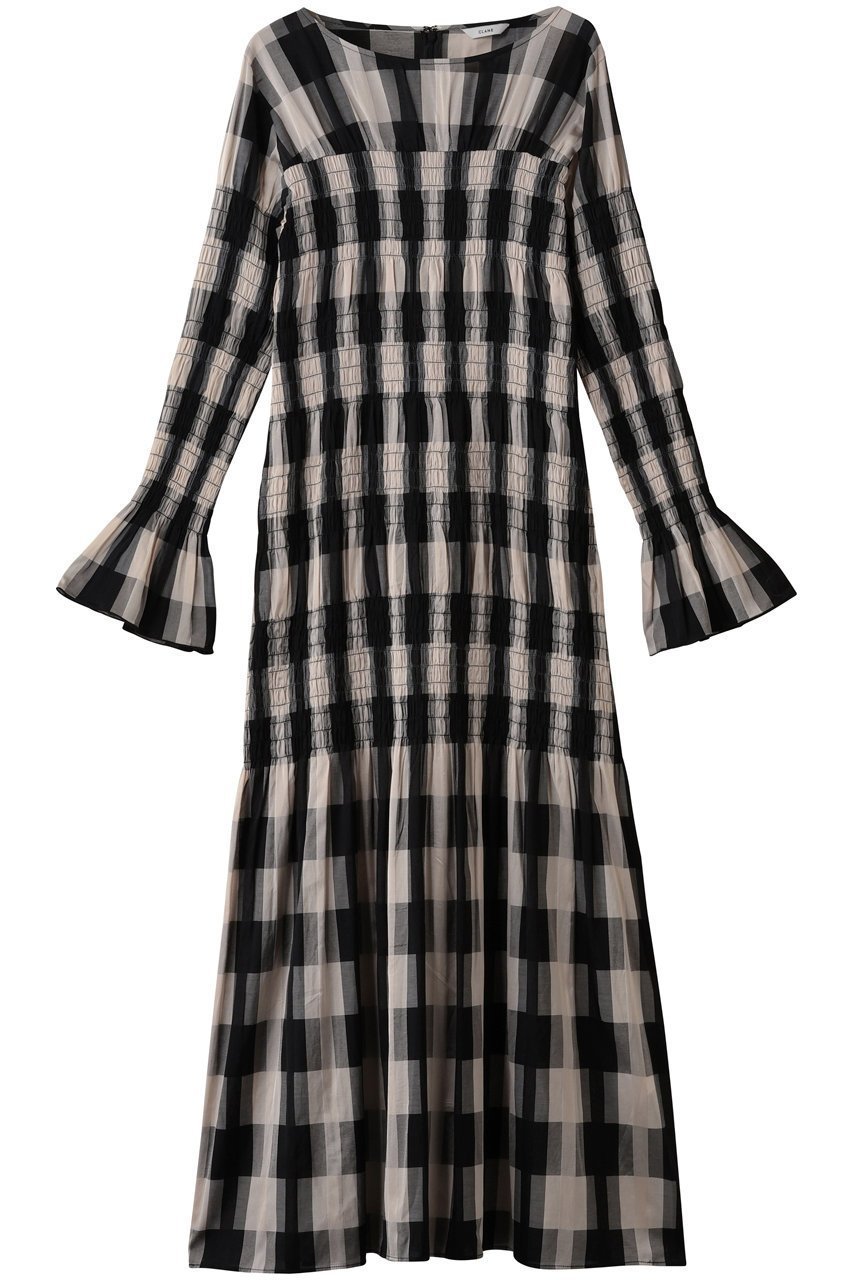 【クラネ/CLANE】のSHIRRING LONG ONEPIECE/ワンピース インテリア・キッズ・メンズ・レディースファッション・服の通販 founy(ファニー) 　ファッション　Fashion　レディースファッション　Fashion for Women　ワンピース　Dresses　チュニック　Tunic Tops & Dresses　エレガント 上品　Elegant　シャーリング　Shirring, Ruched　チェック　Check, Plaid, Tartan　チュニック　Tunic, Long Top　デコルテ　Décolleté, Neckline　パーティ　Party, Party Style　フェミニン　Feminine, Girly　フレア　Flare, Flared　ベロア　Velour, Soft Velvet　モノトーン　Monotone, Black and White　ランダム　Random, Irregular　ロング　Long, Long-Length　MIX|ID: prp329100004676053 ipo3291000000036065593